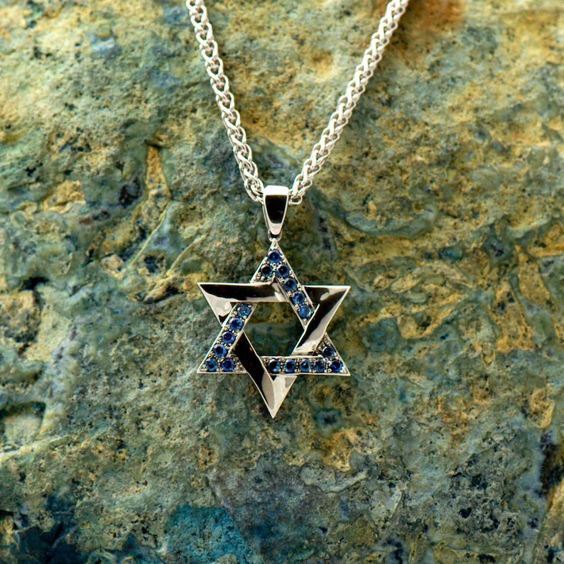 Blue Sapphires Star Of David Interlocked Pendant