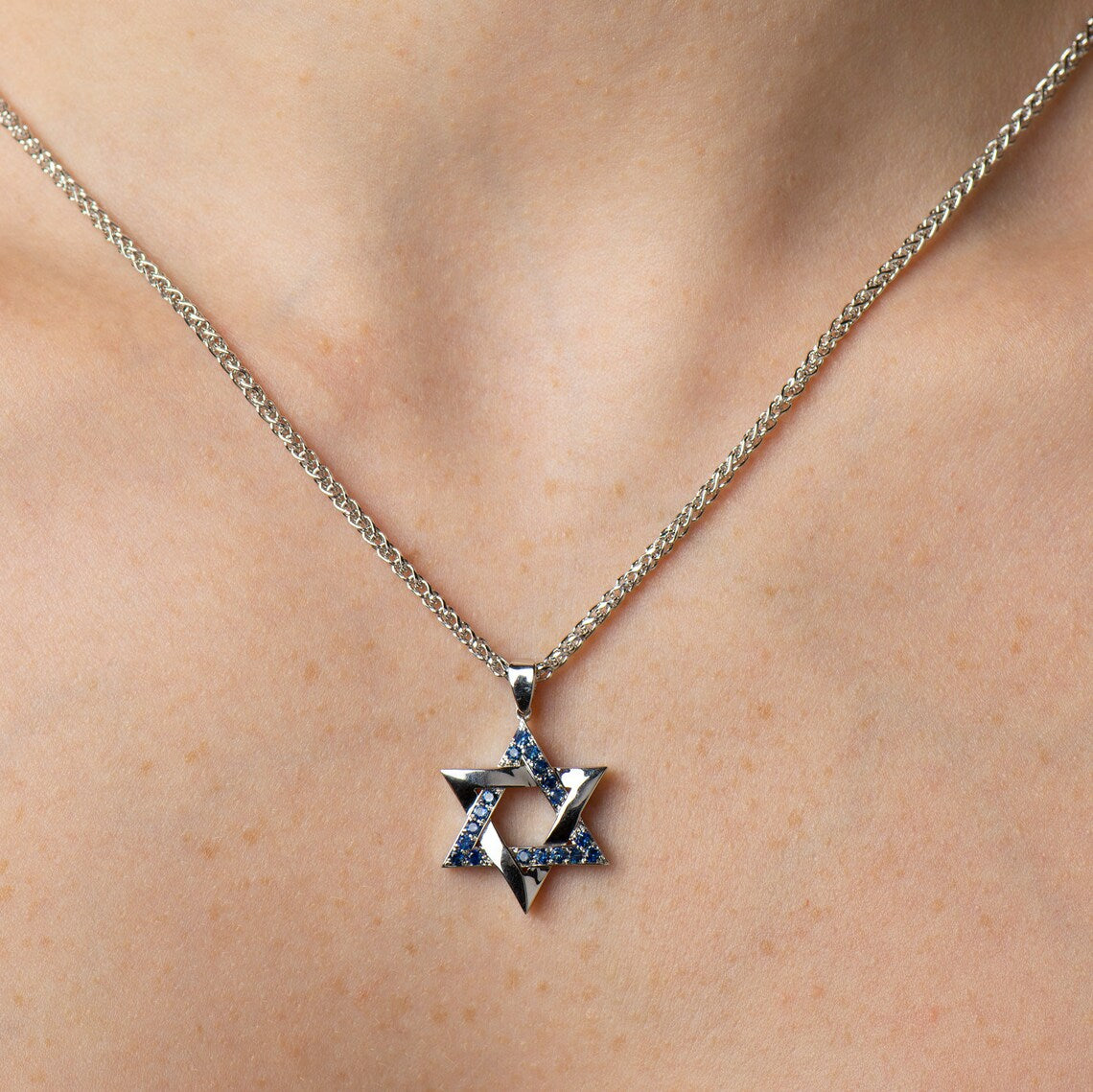 Blue Sapphires Star Of David Interlocked Pendant