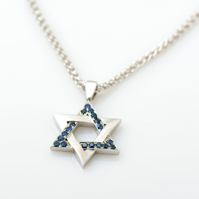 Blue Sapphires Star Of David Interlocked Pendant