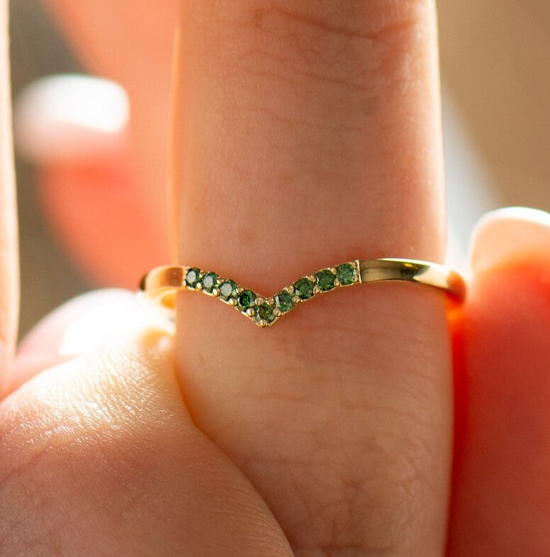 V Shaped Green Forest Diamonds Ring