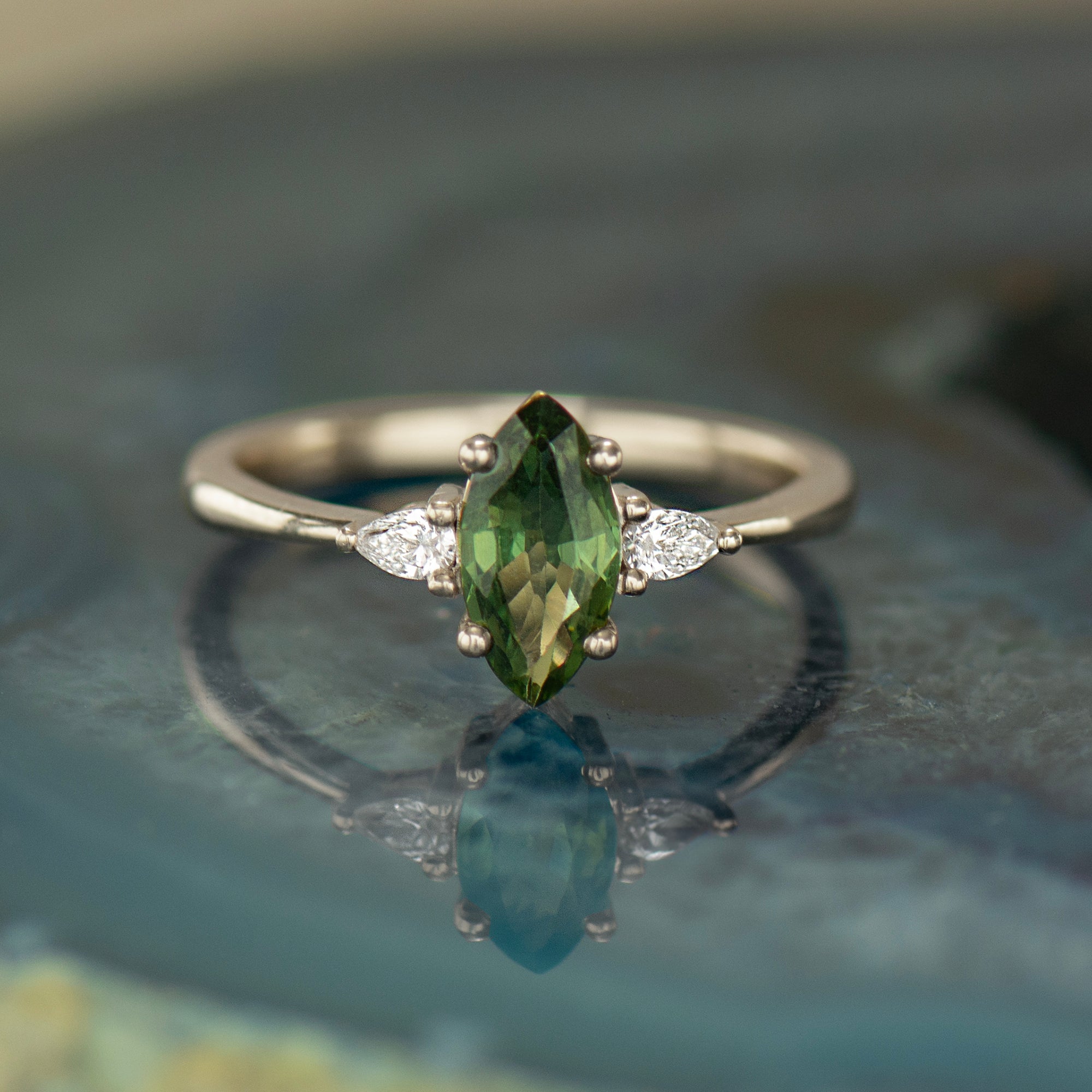 Green Sapphire Engagement Ring - Marquise