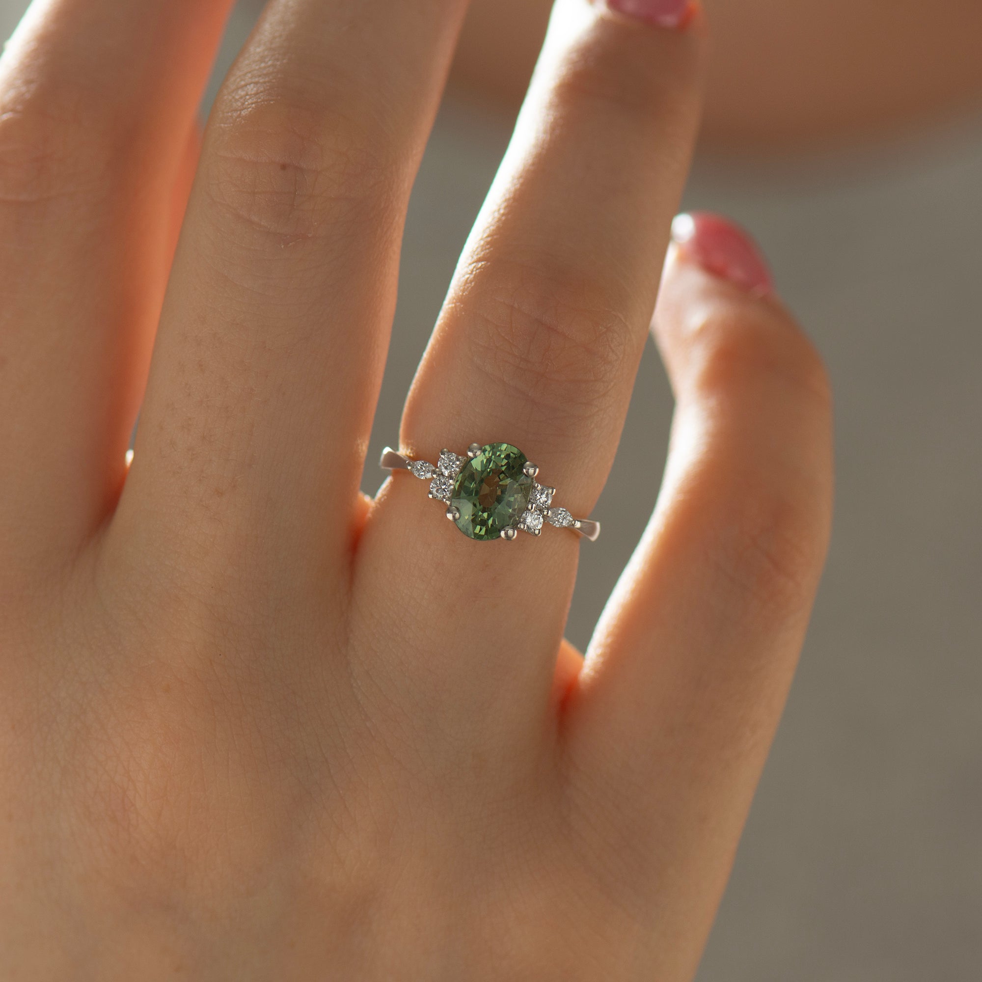 Large Lotus Green Sapphire Engagement Ring