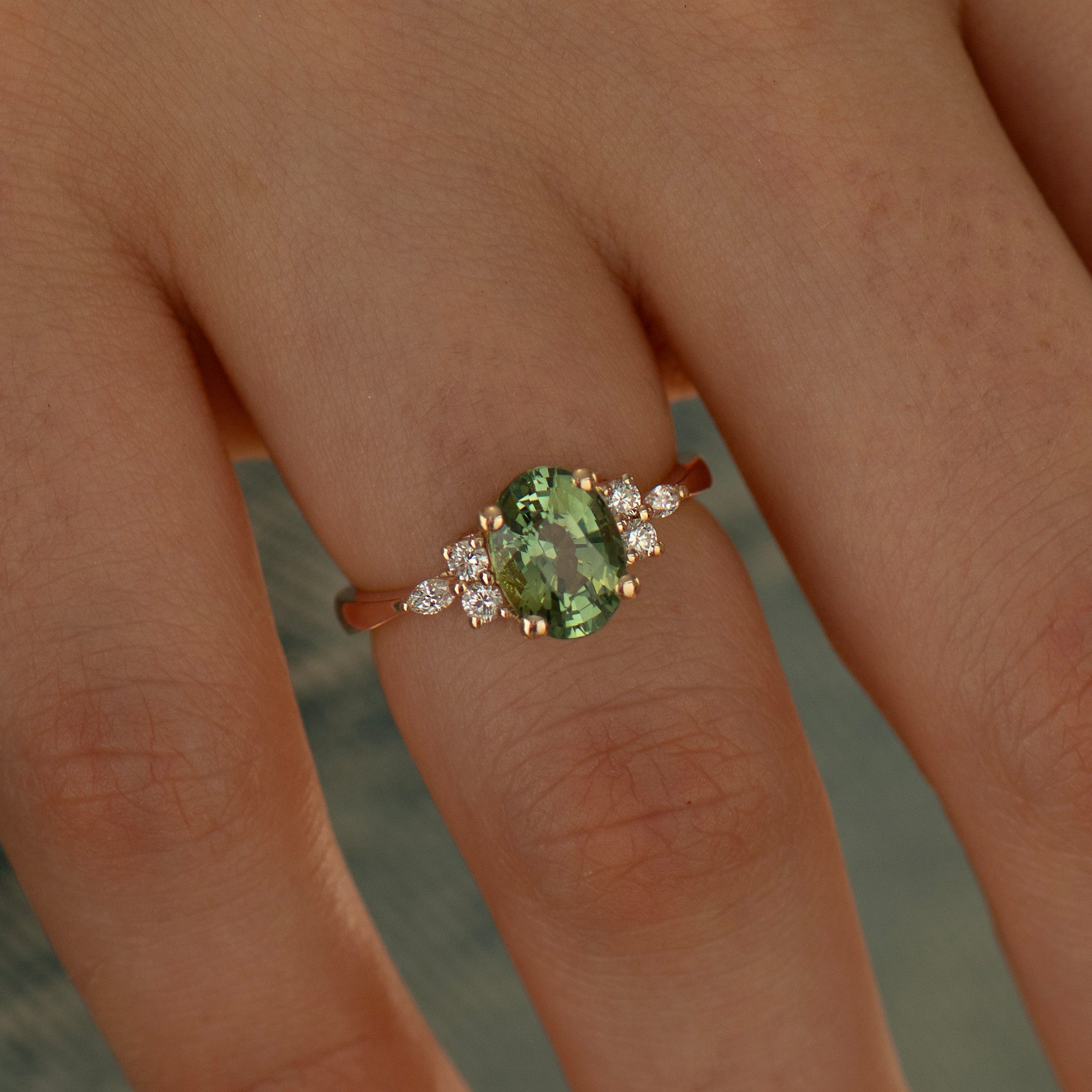 Large Lotus Green Sapphire Engagement Ring