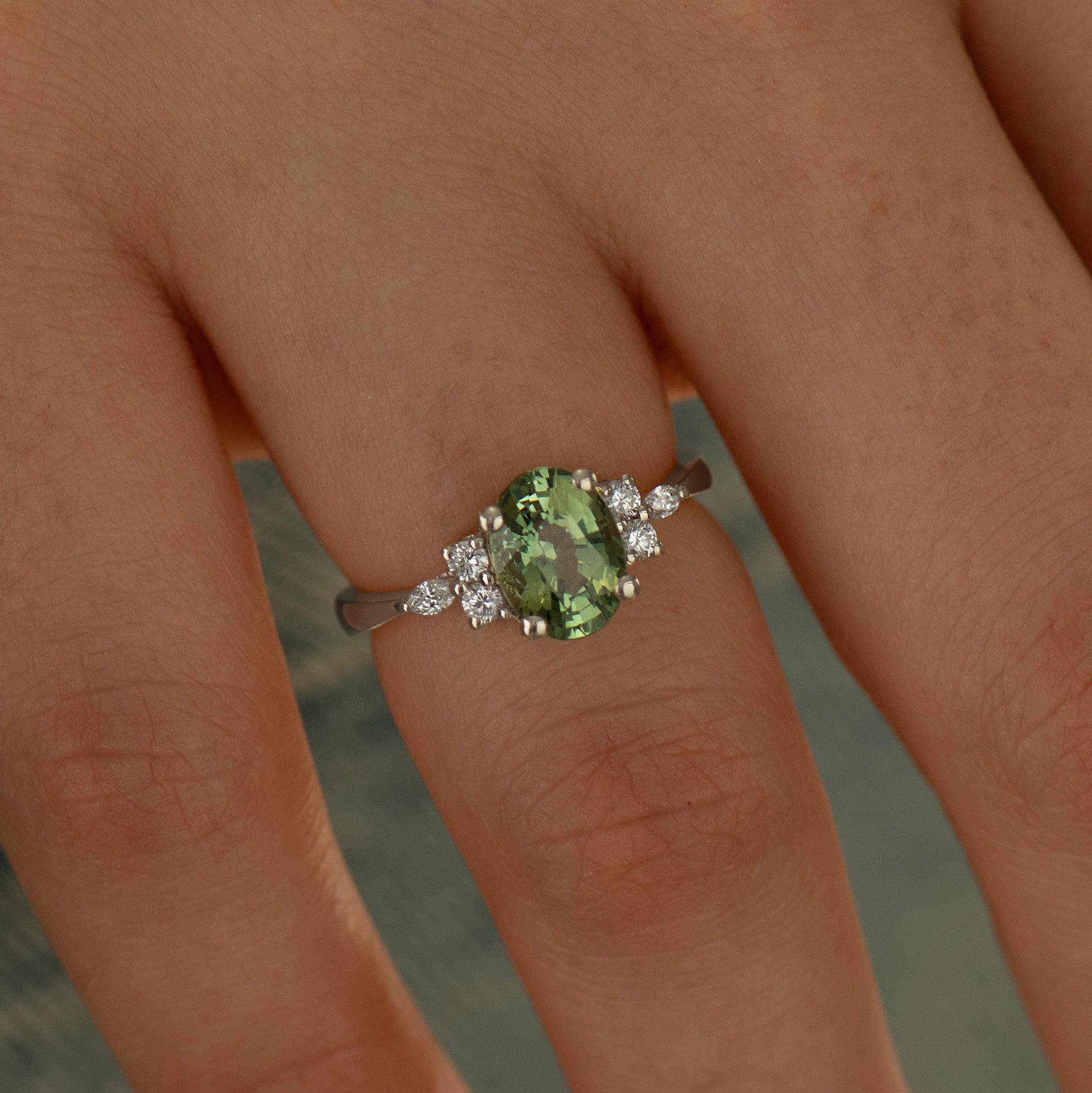 Large Lotus Green Sapphire Engagement Ring