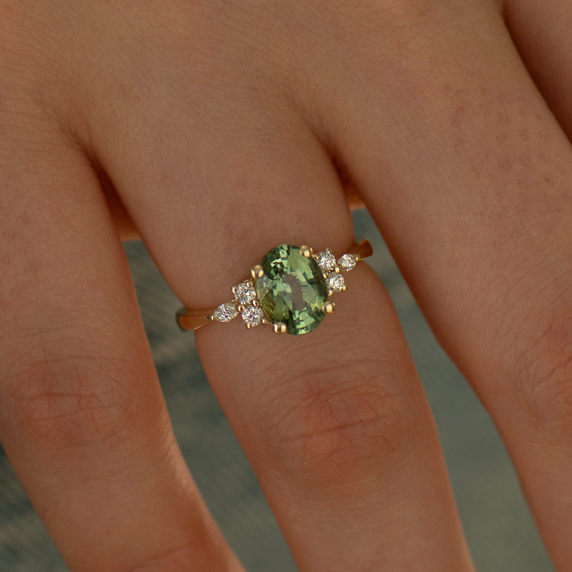 Large Lotus Green Sapphire Engagement Ring