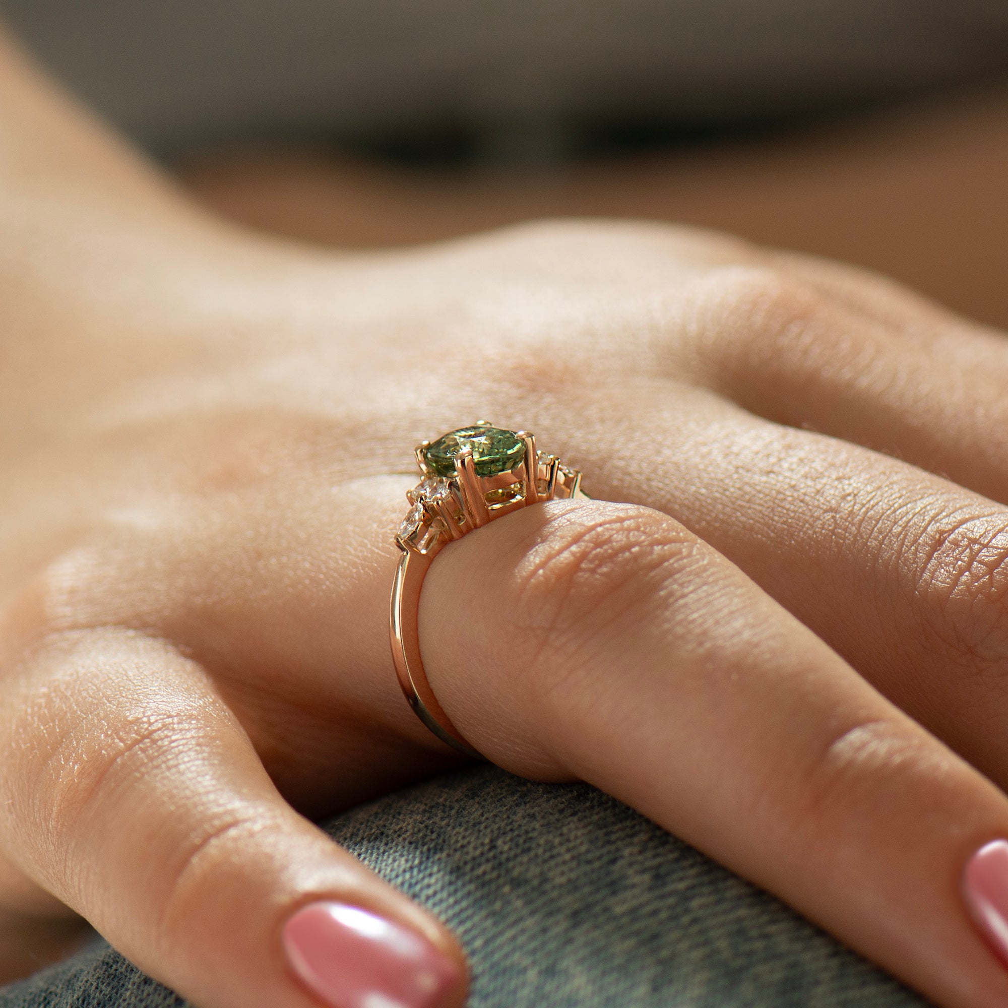 Large Lotus Green Sapphire Engagement Ring