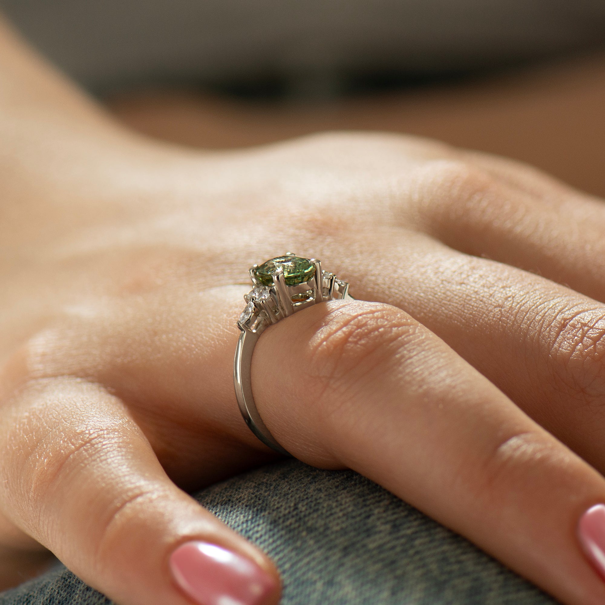 Large Lotus Green Sapphire Engagement Ring