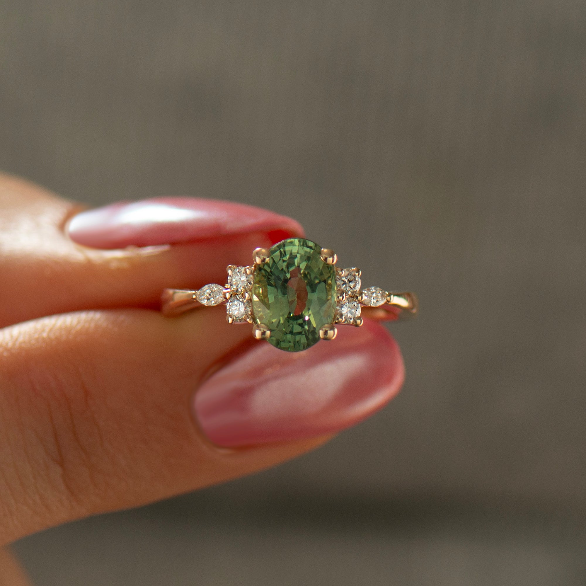 Large Lotus Green Sapphire Engagement Ring