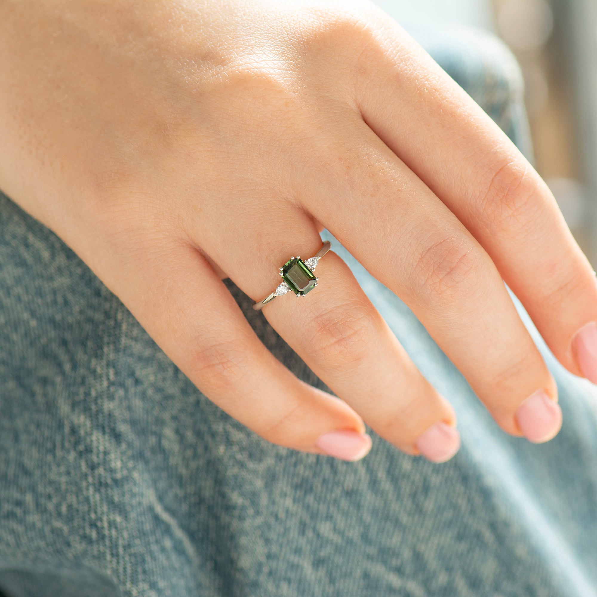 Double Prong Emerald Green Sapphire Ring