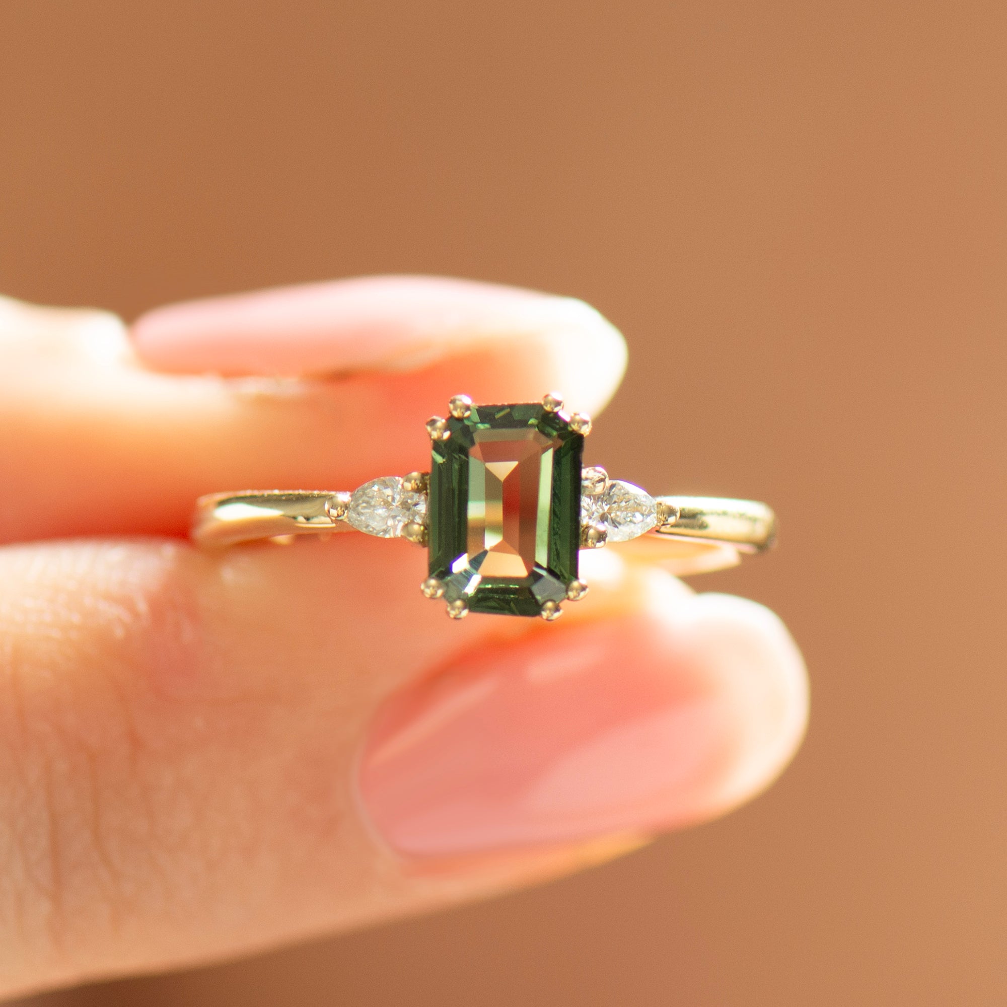 Double Prong Emerald Green Sapphire Ring