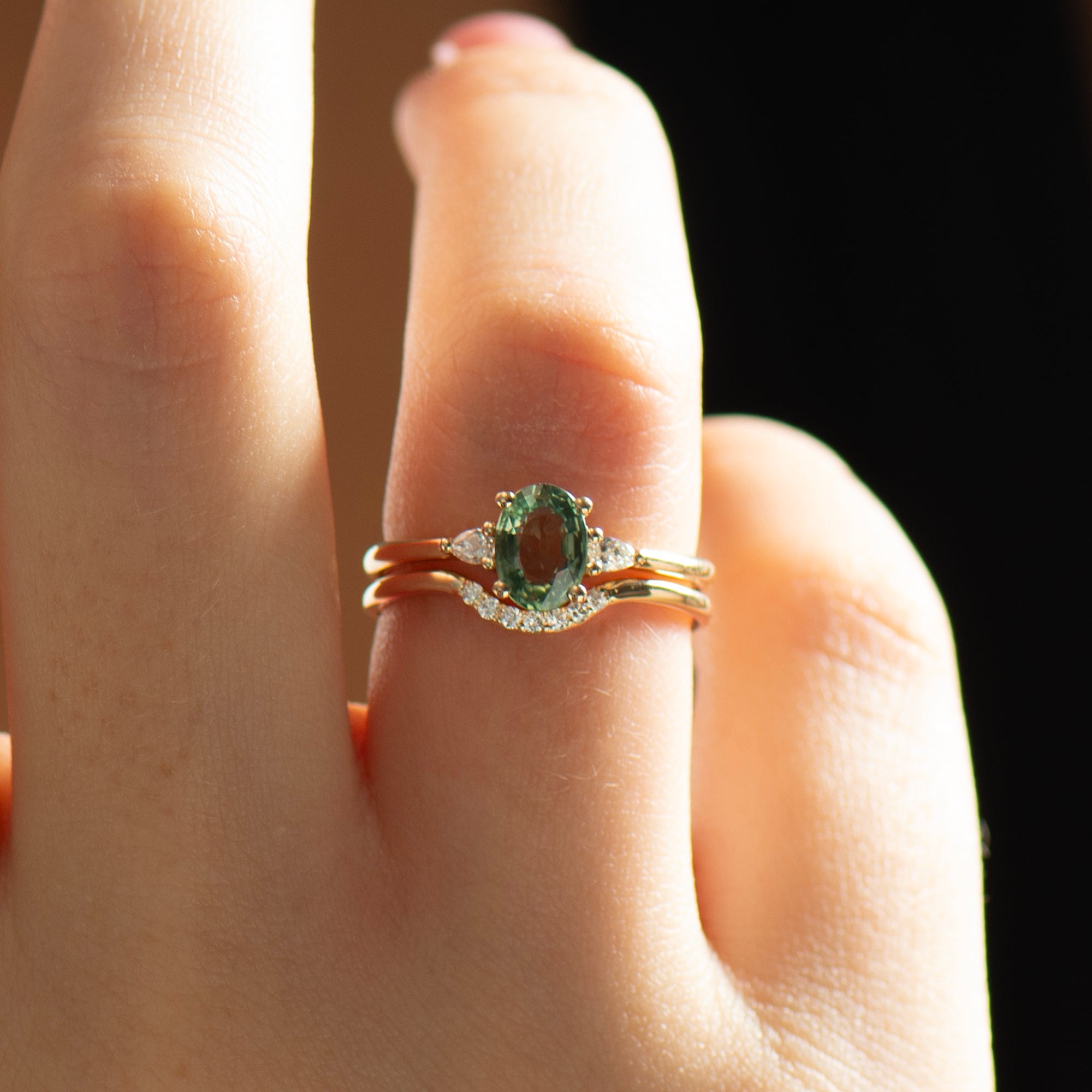 Curved Matching Seven Diamonds Wedding Ring