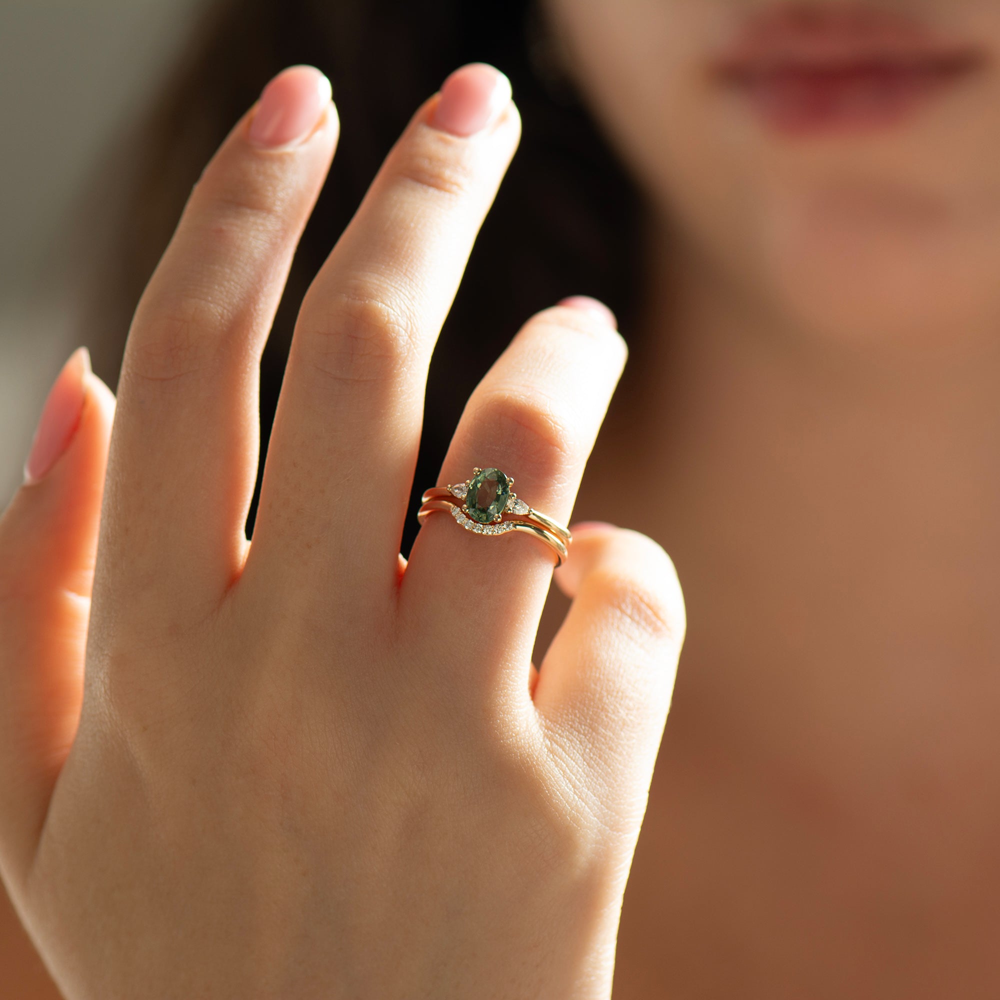 Curved Matching Seven Diamonds Wedding Ring