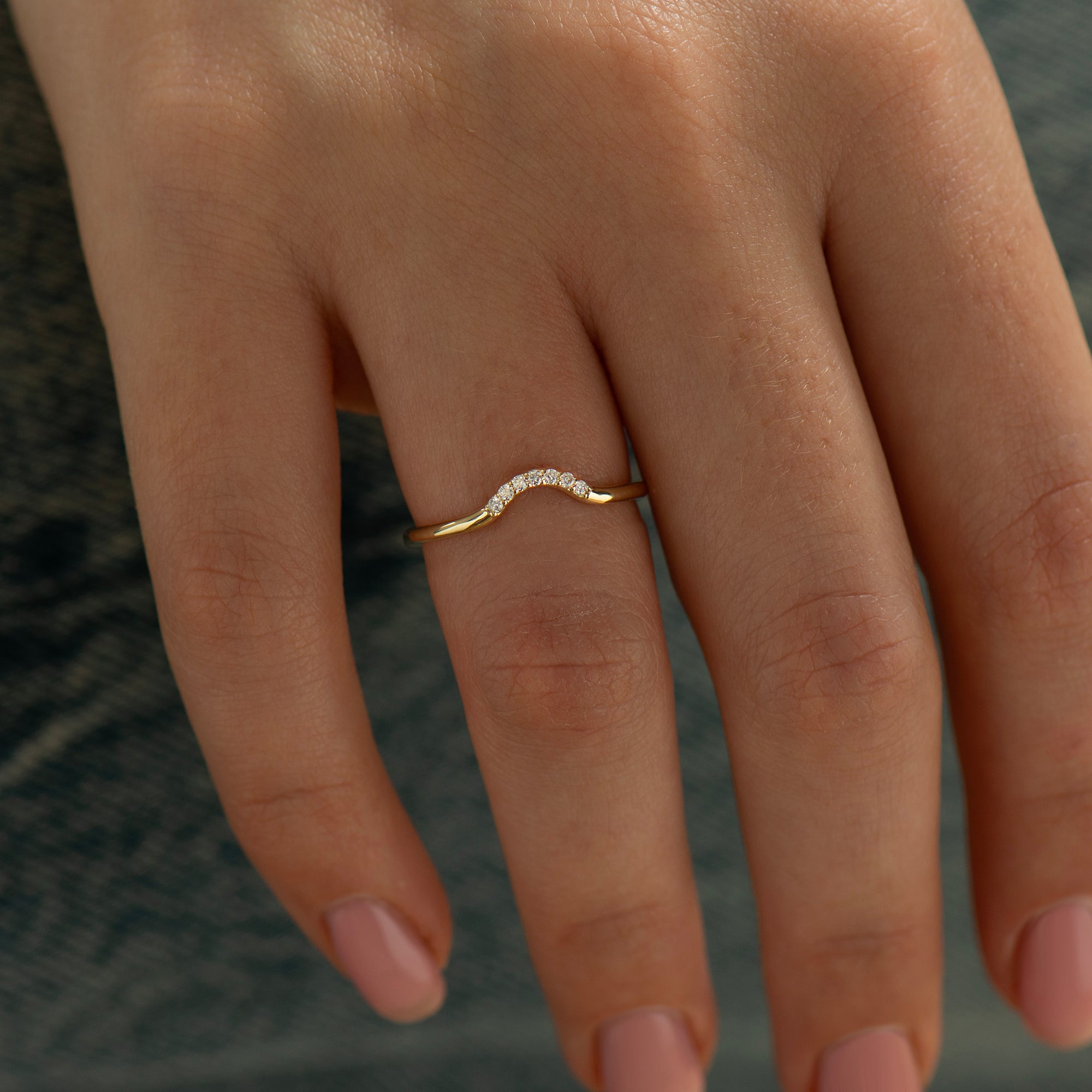 Curved Matching Seven Diamonds Wedding Ring