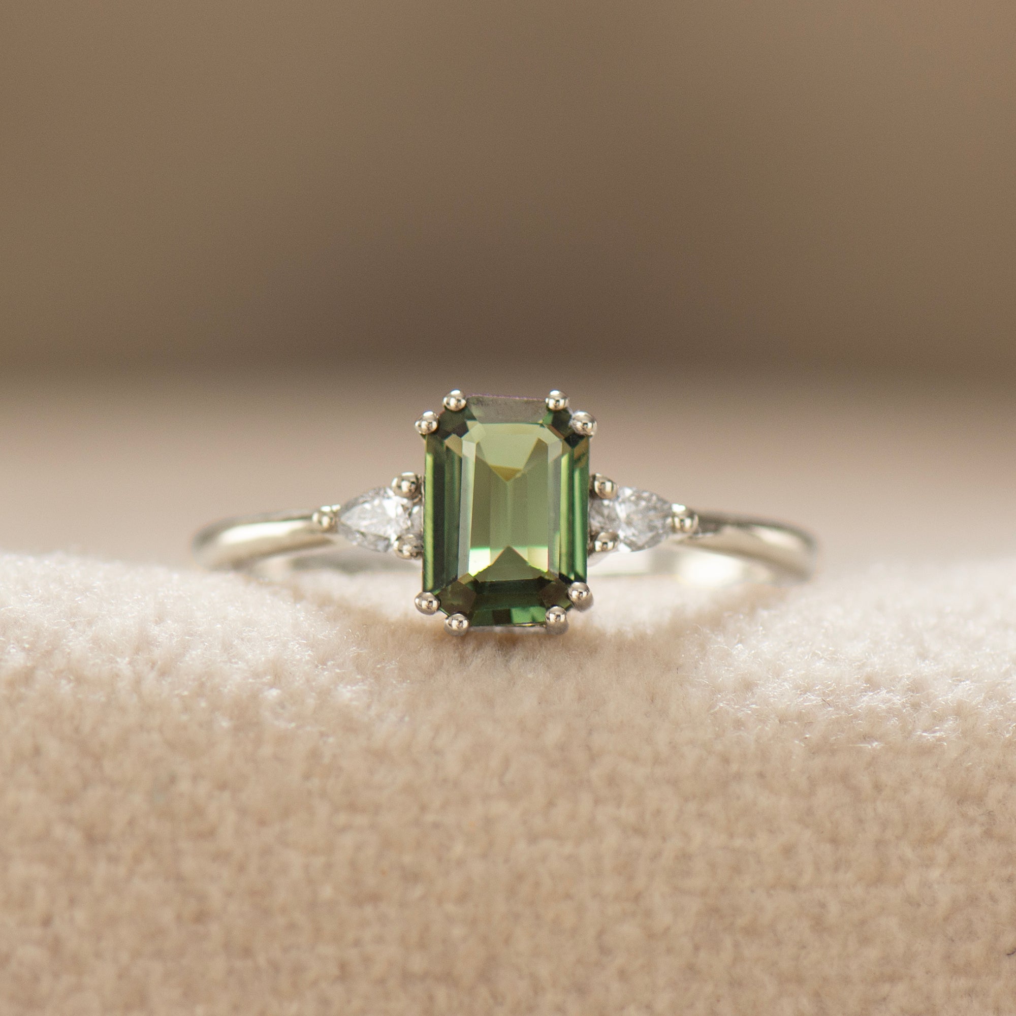 Double Prong Emerald Green Sapphire Ring