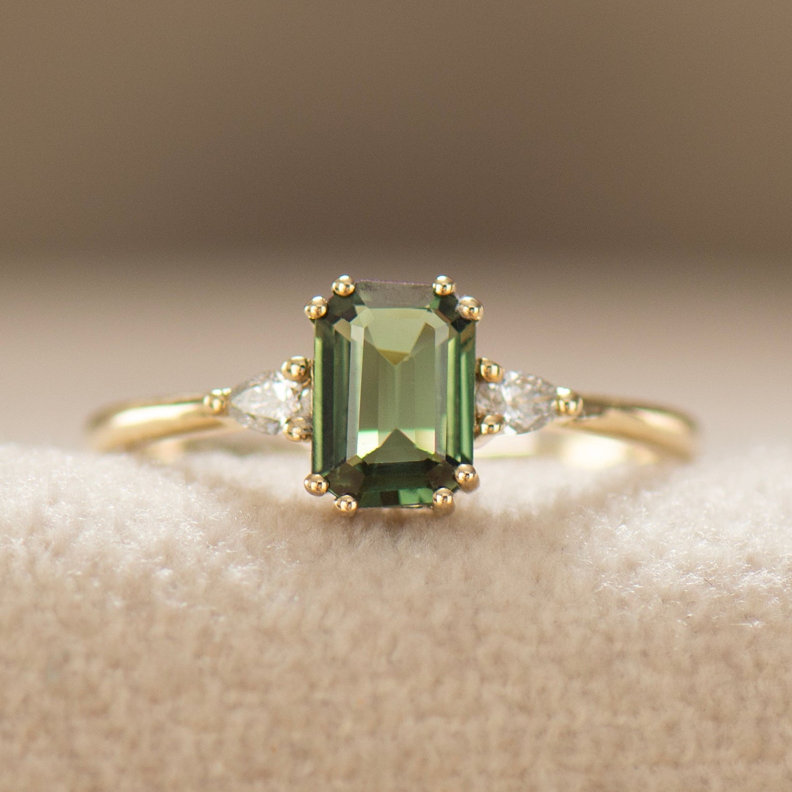 Double Prong Emerald Green Sapphire Ring
