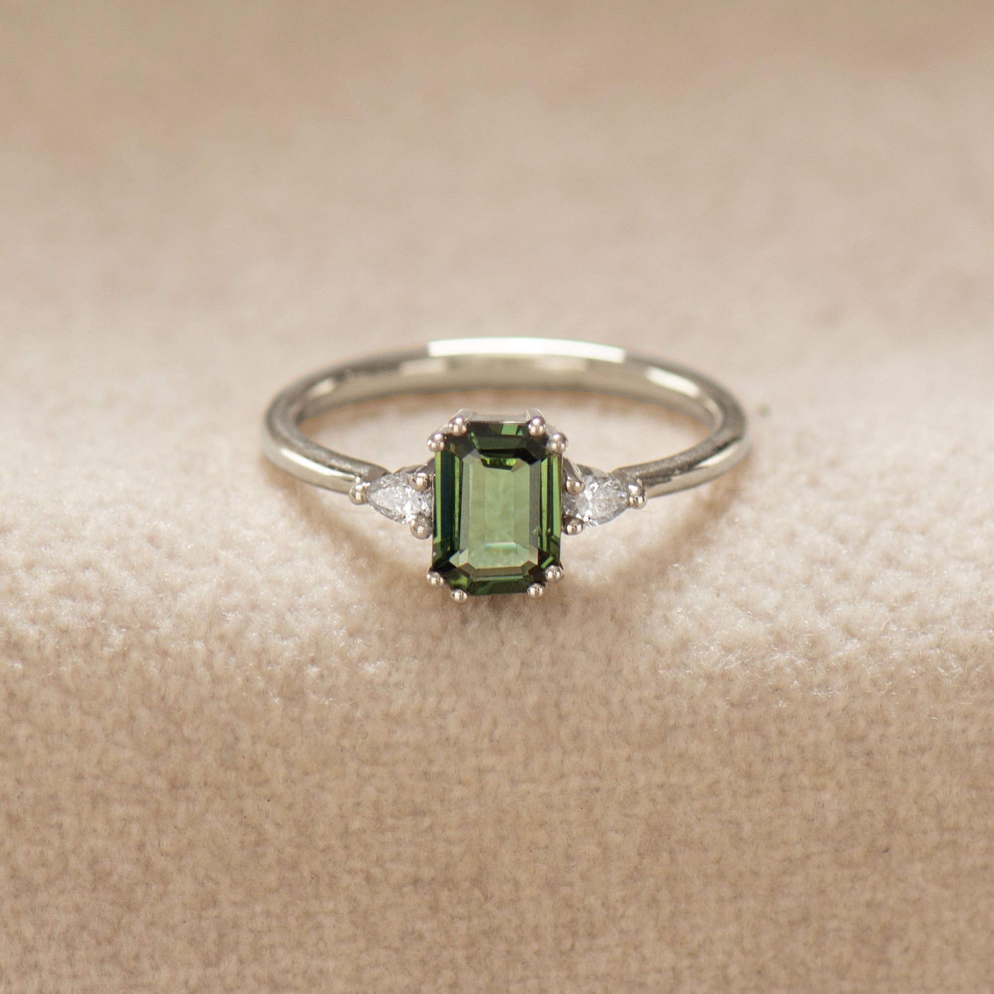 Double Prong Emerald Green Sapphire Ring