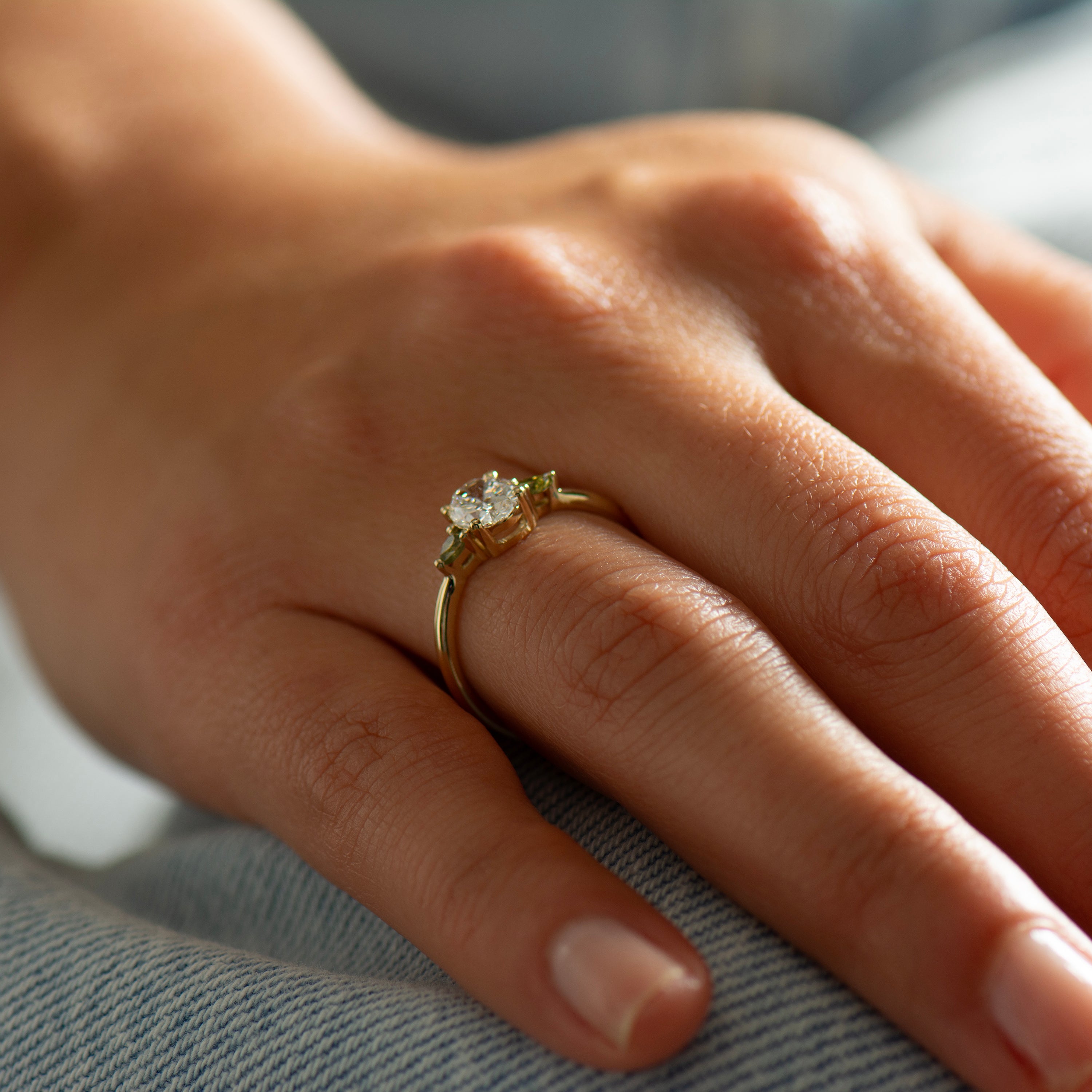 Oval Diamond And Green Sapphire Ring