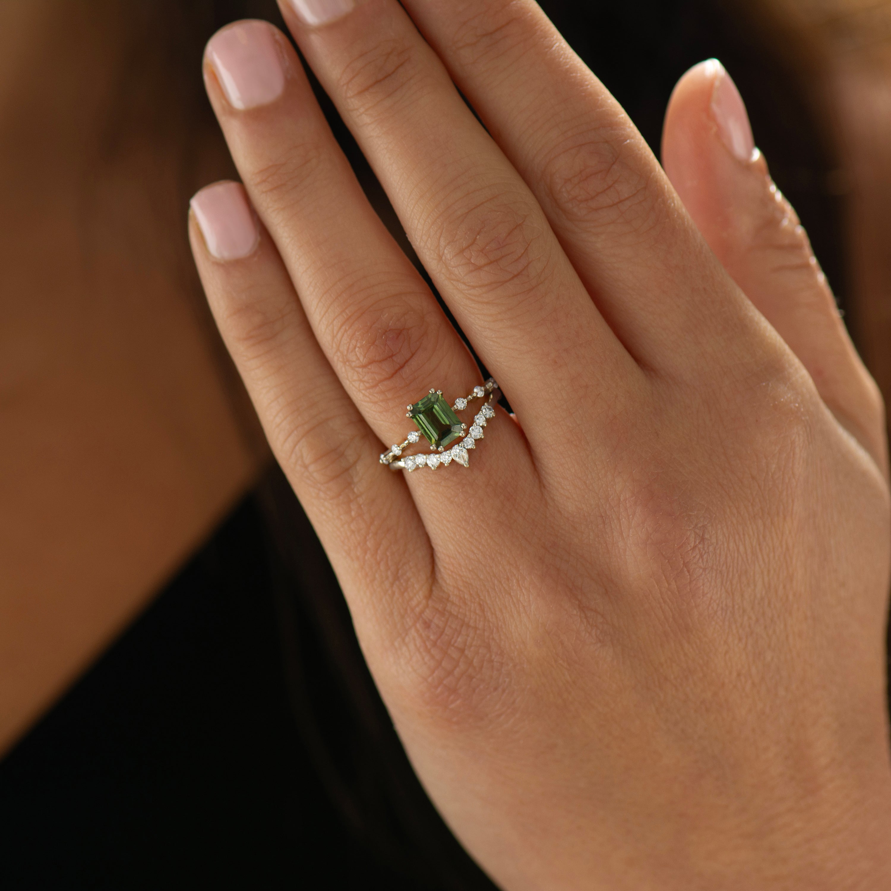 Emerald Cut, Green Sapphire Rings Set