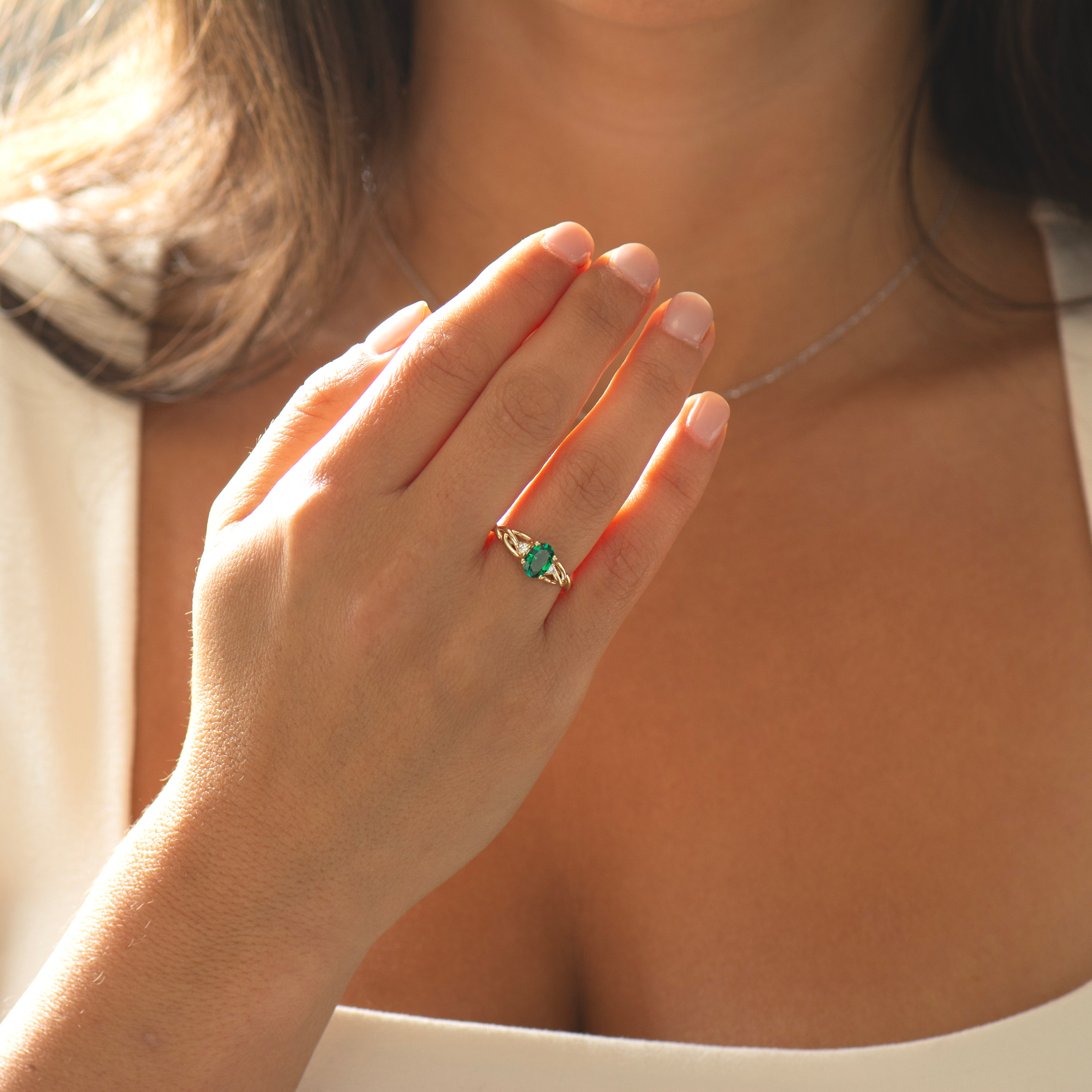 Celtic Three Stone Lab Emerald Ring