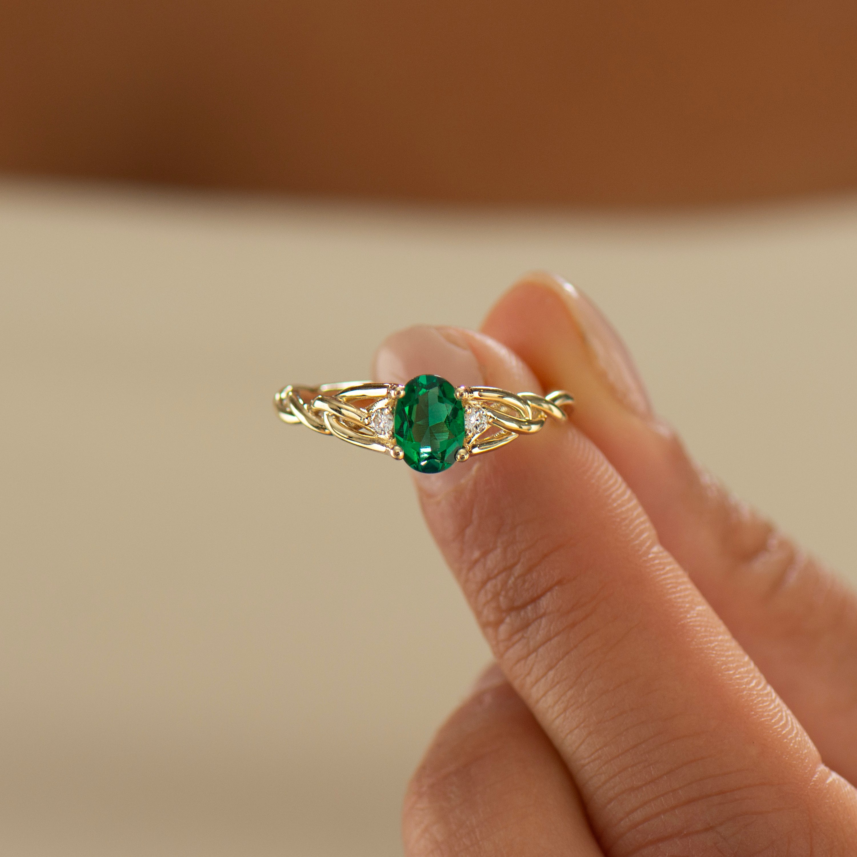 Celtic Three Stone Lab Emerald Ring