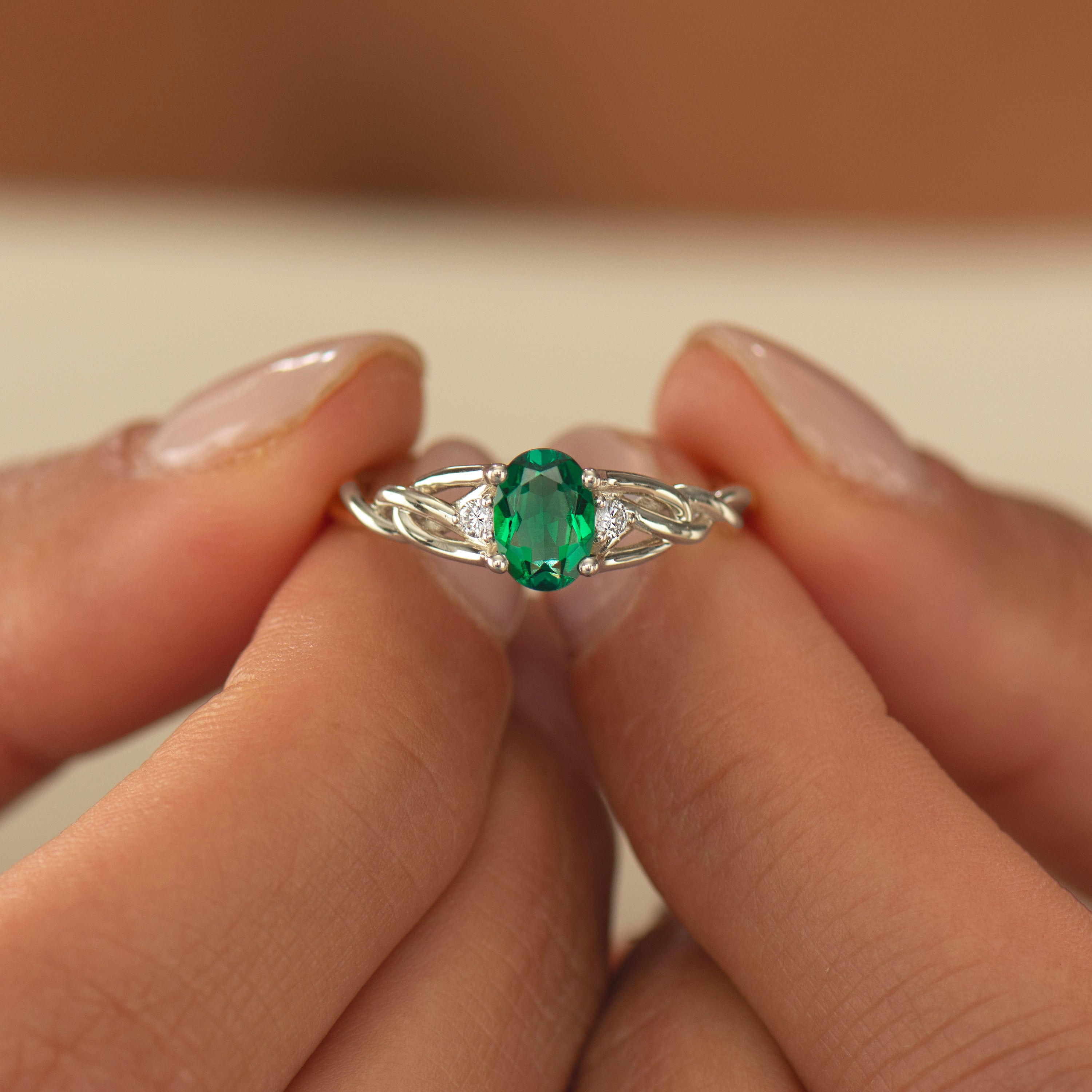 Celtic Three Stone Lab Emerald Ring