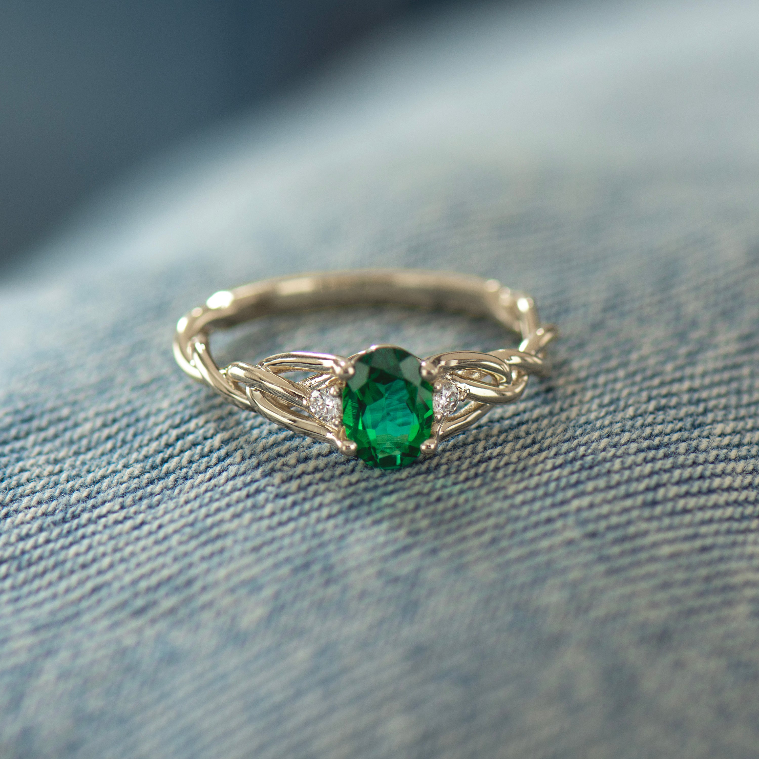 Celtic Three Stone Lab Emerald Ring