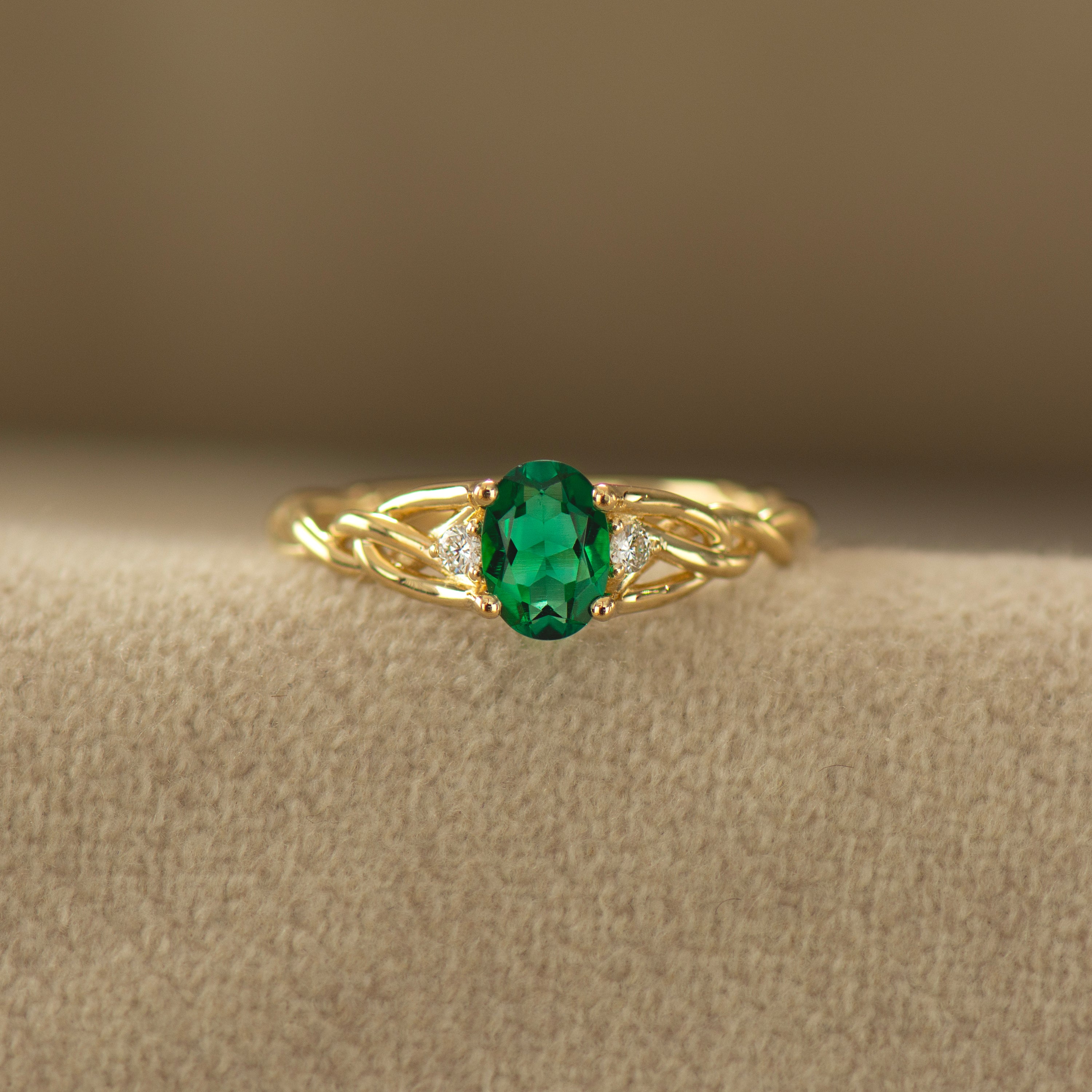 Celtic Three Stone Lab Emerald Ring