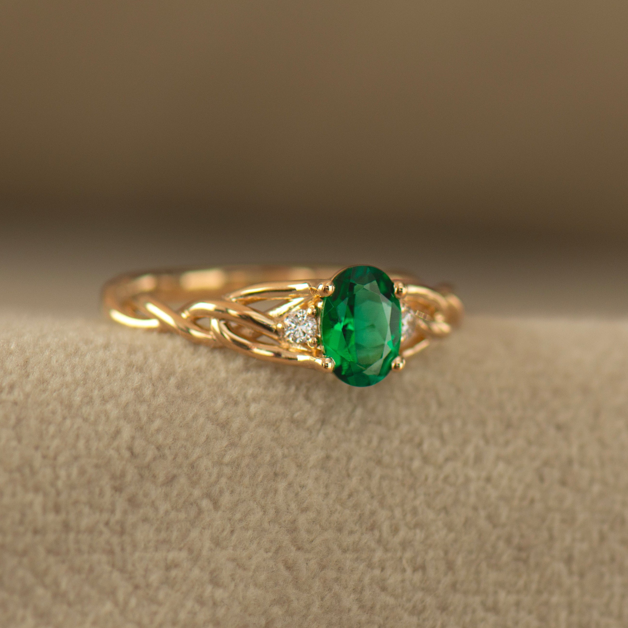 Celtic Three Stone Lab Emerald Ring