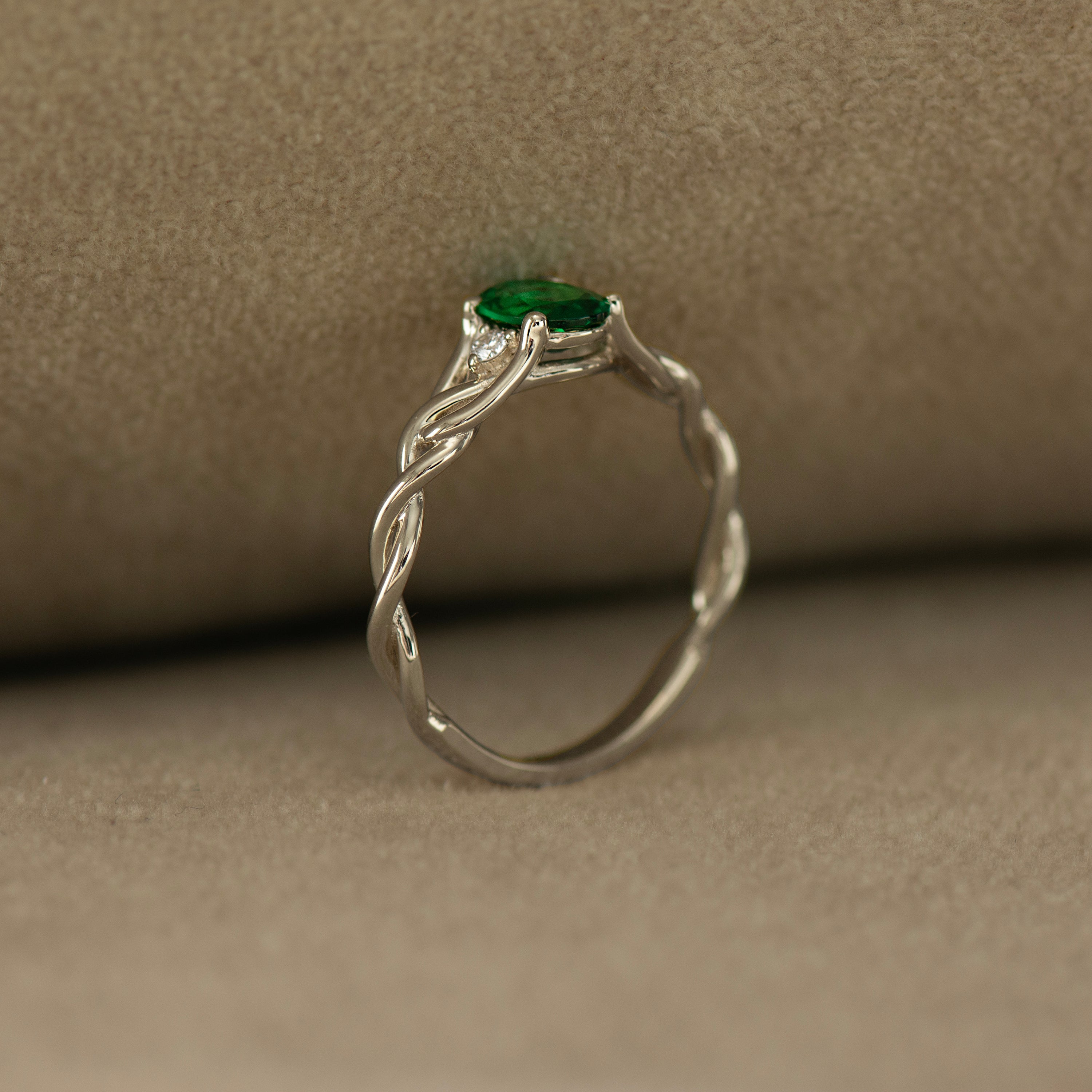 Celtic Three Stone Lab Emerald Ring