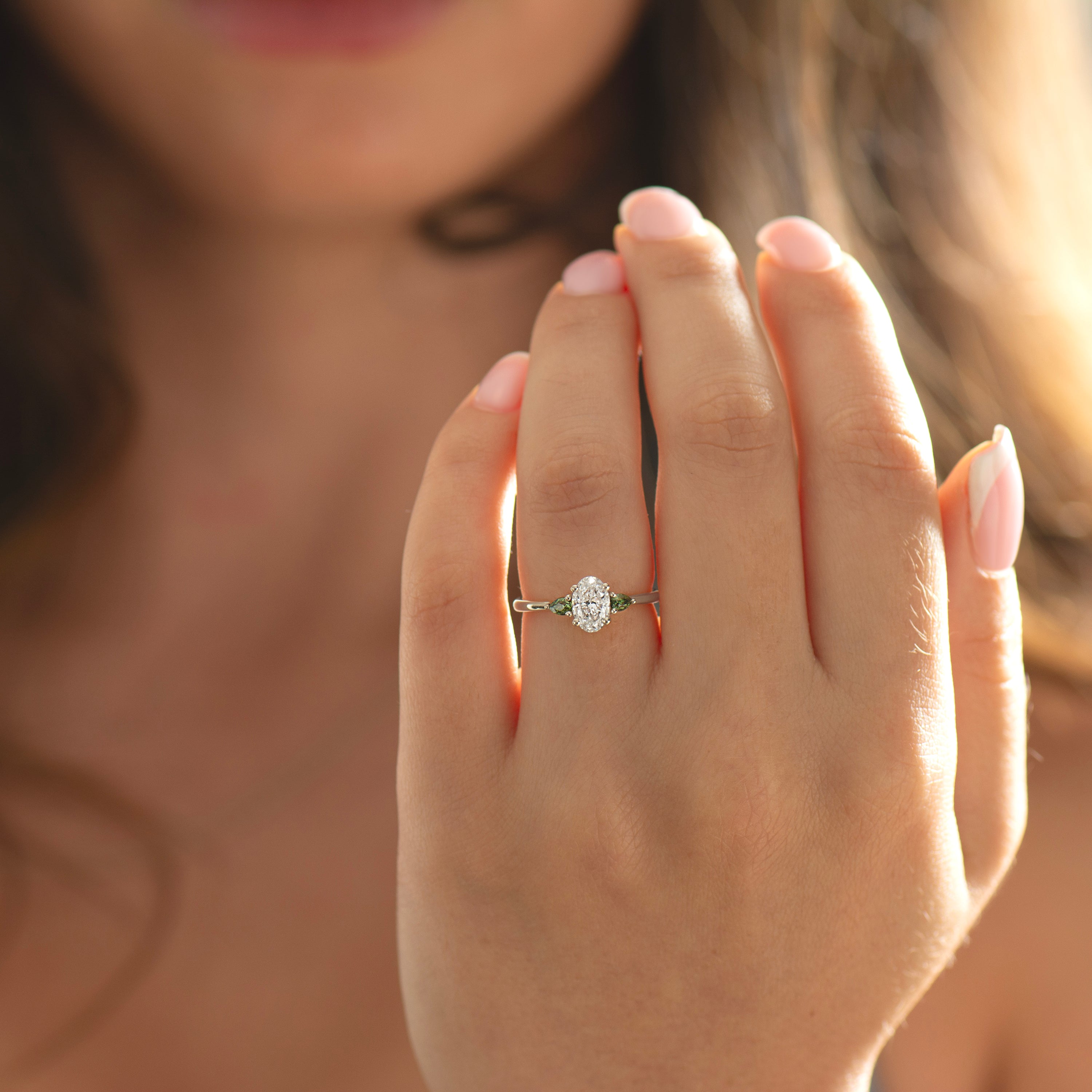 Oval Diamond And Green Sapphire Ring