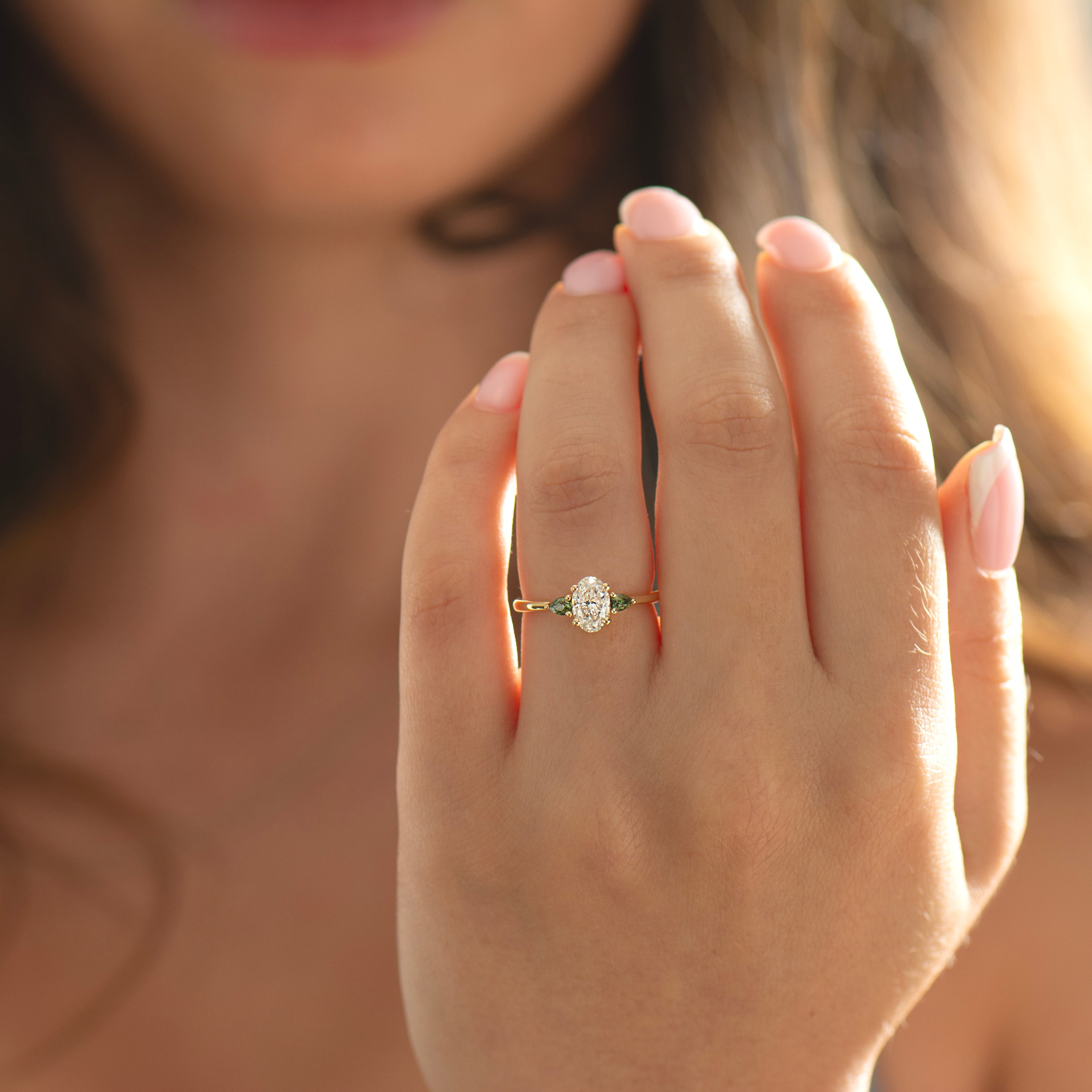 Oval Diamond And Green Sapphire Ring