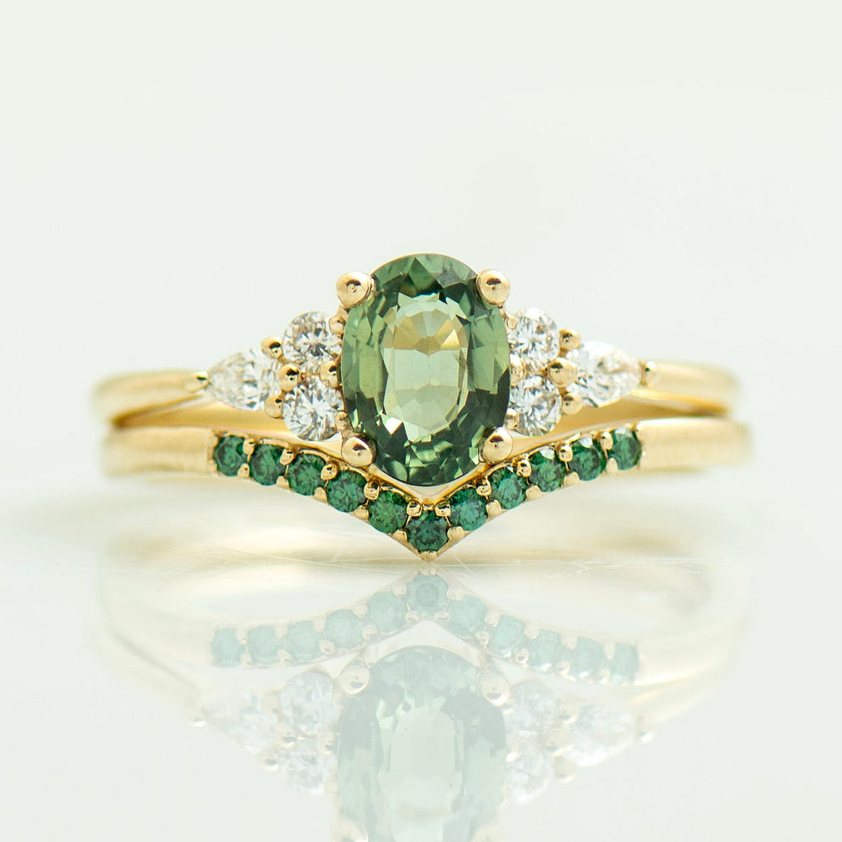 Green Sapphire Engagement Set - Green Diamonds Set