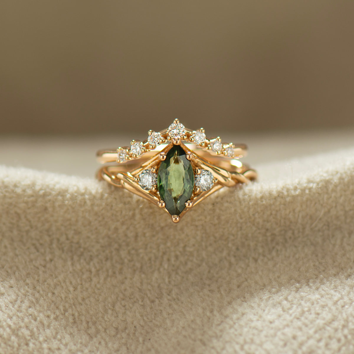 Celtic Knot Marquise Green Sapphire Ring Set