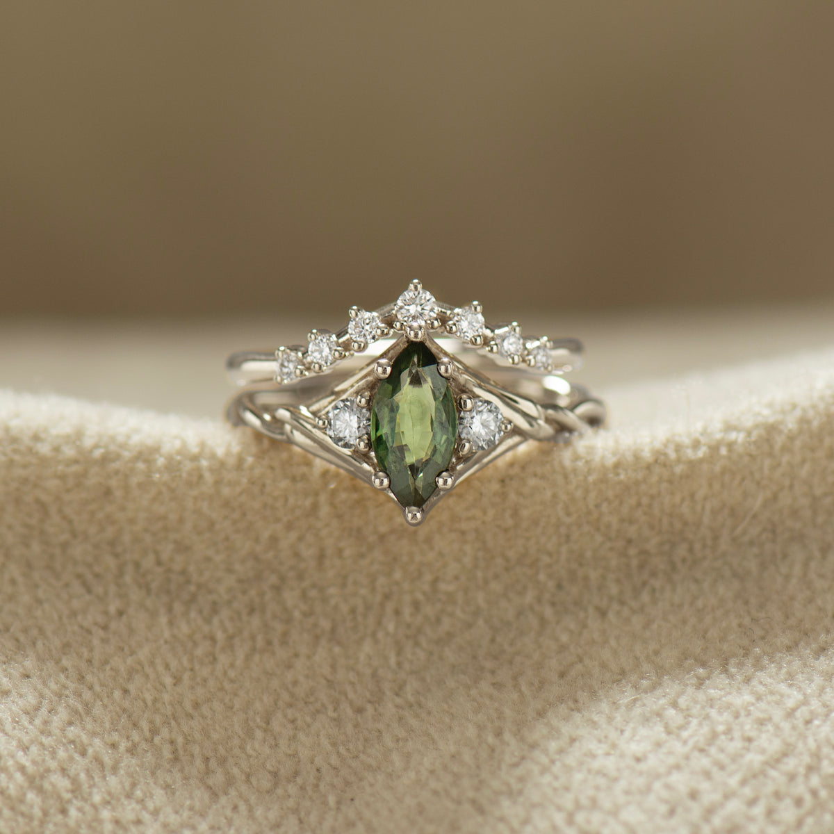 Celtic Knot Marquise Green Sapphire Ring Set