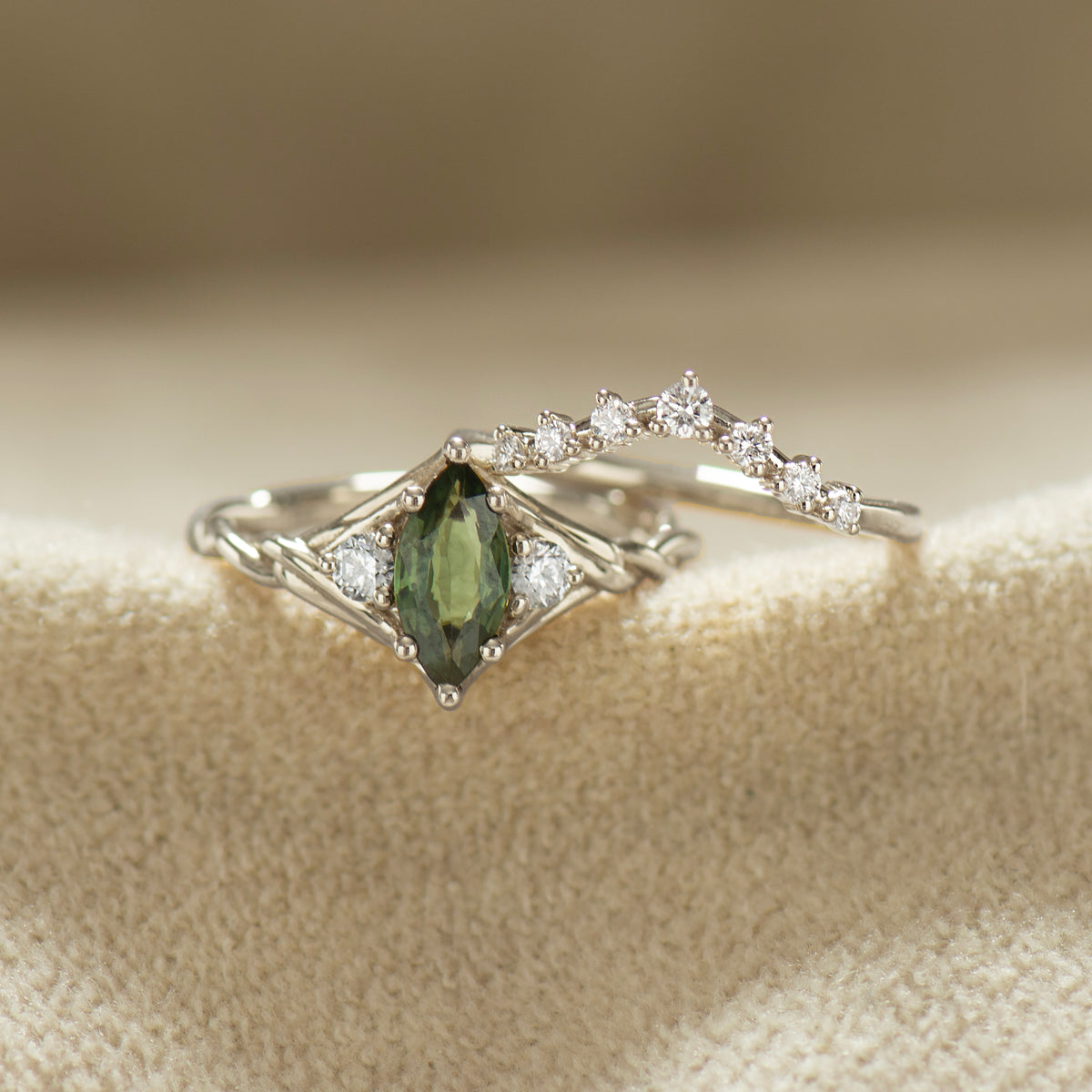 Celtic Knot Marquise Green Sapphire Ring Set