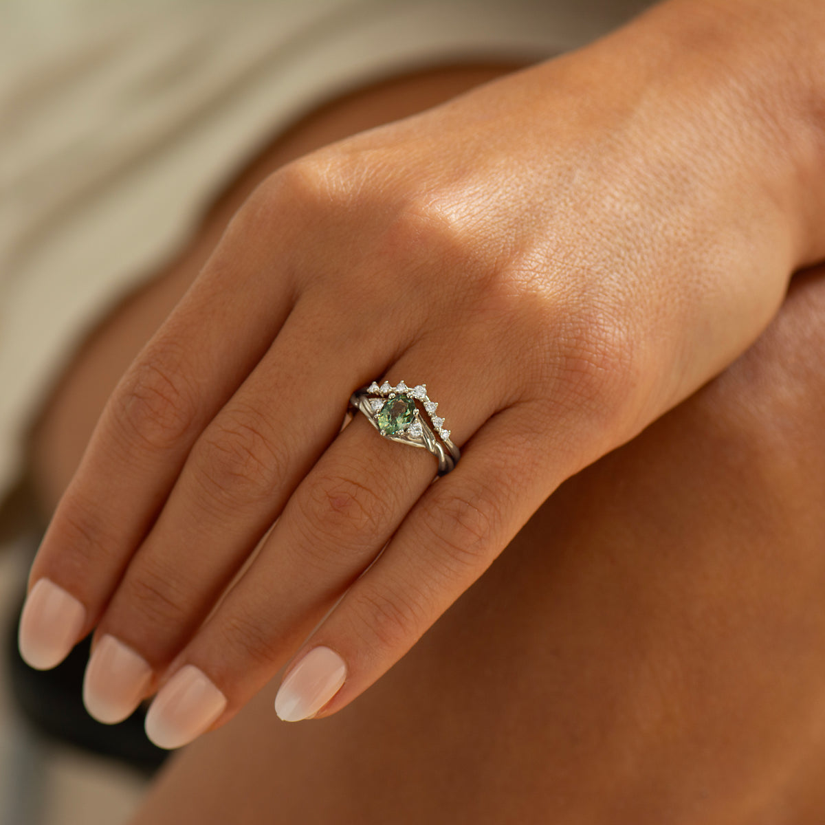 Celtic Knot Oval Green Sapphire Ring Set