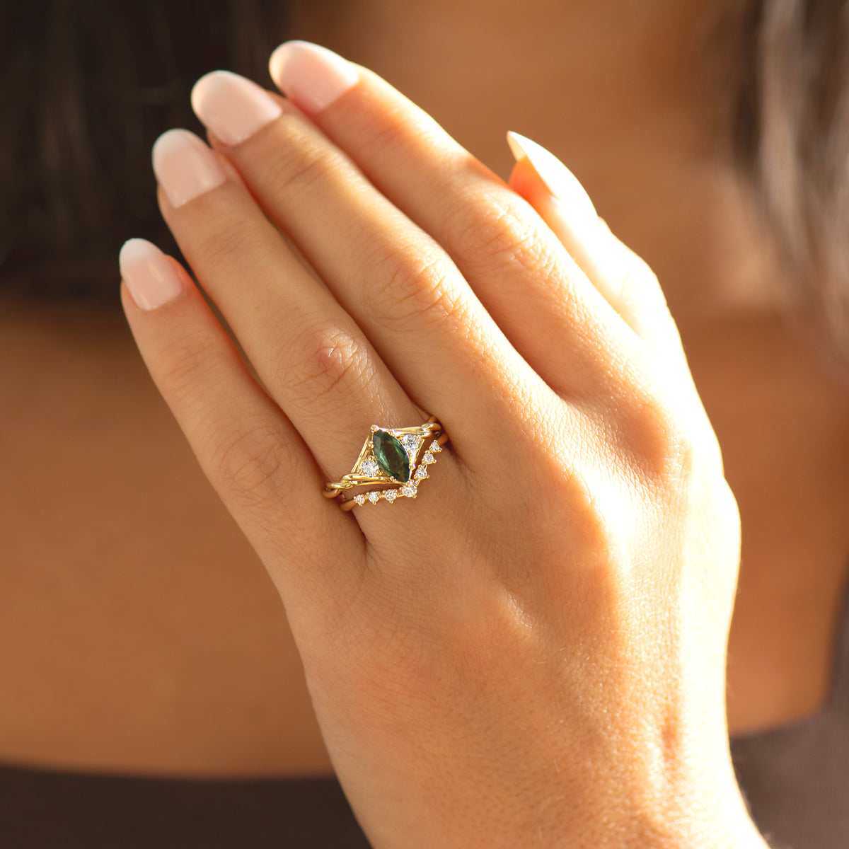 Celtic Knot Marquise Green Sapphire Ring Set
