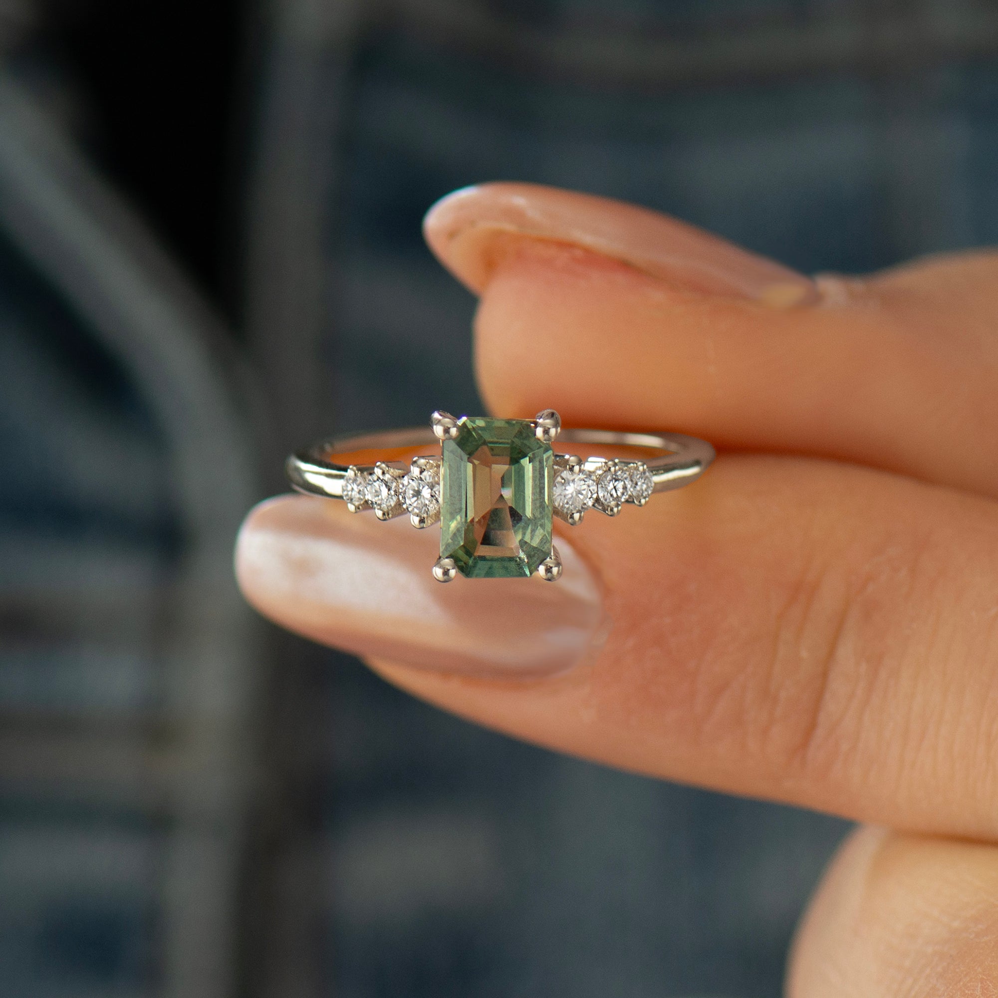 Emerald Cut Green Sapphire Engagement Ring