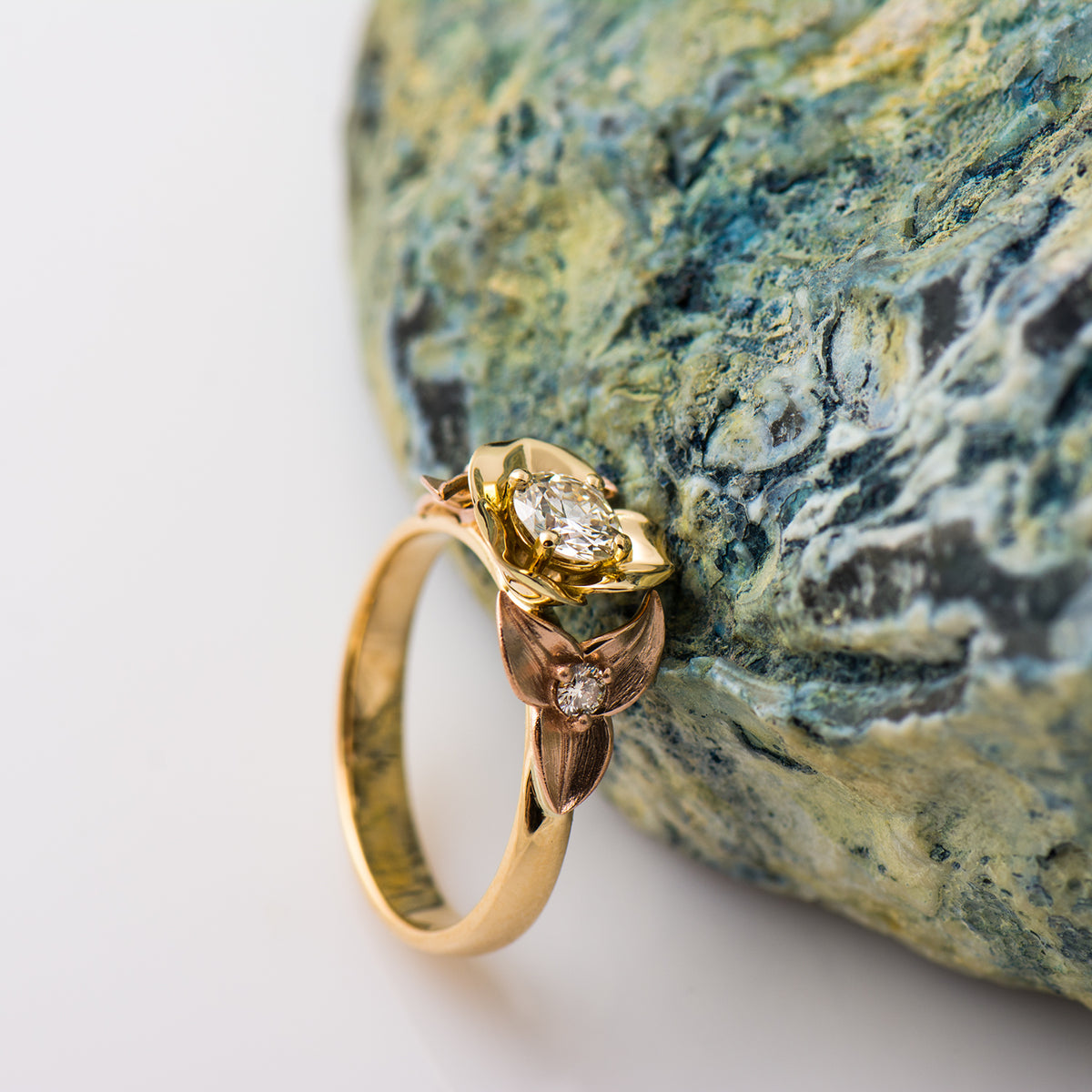 Two Tone Flower And Leaf Ring