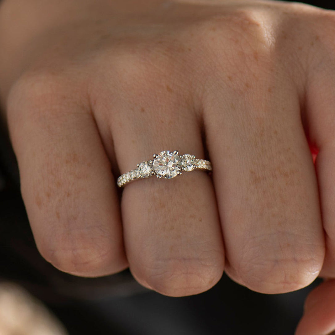 Three Stone Pave Diamonds Ring - 0.7ct Center