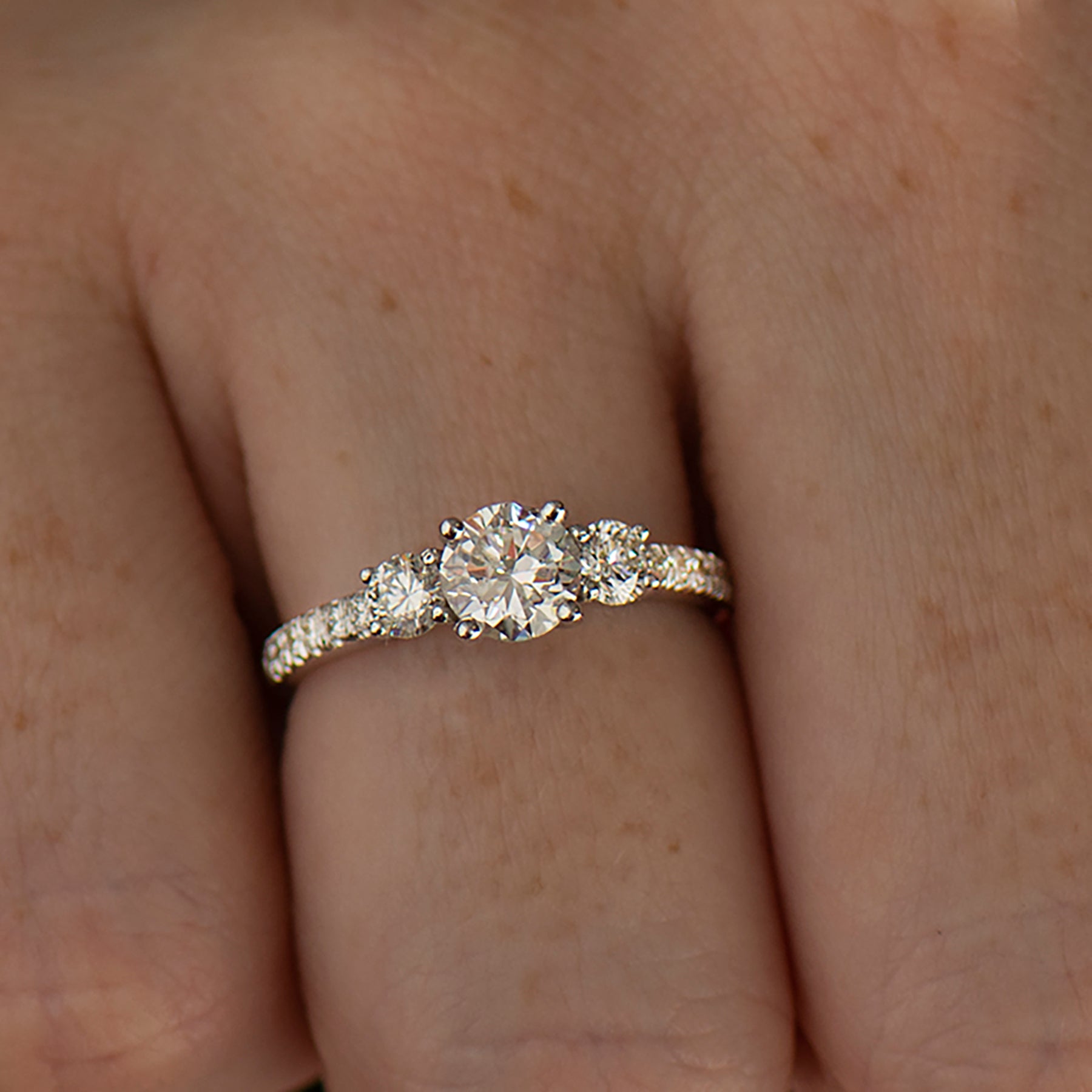 Three Stone Pave Diamonds Ring - 0.7ct Center