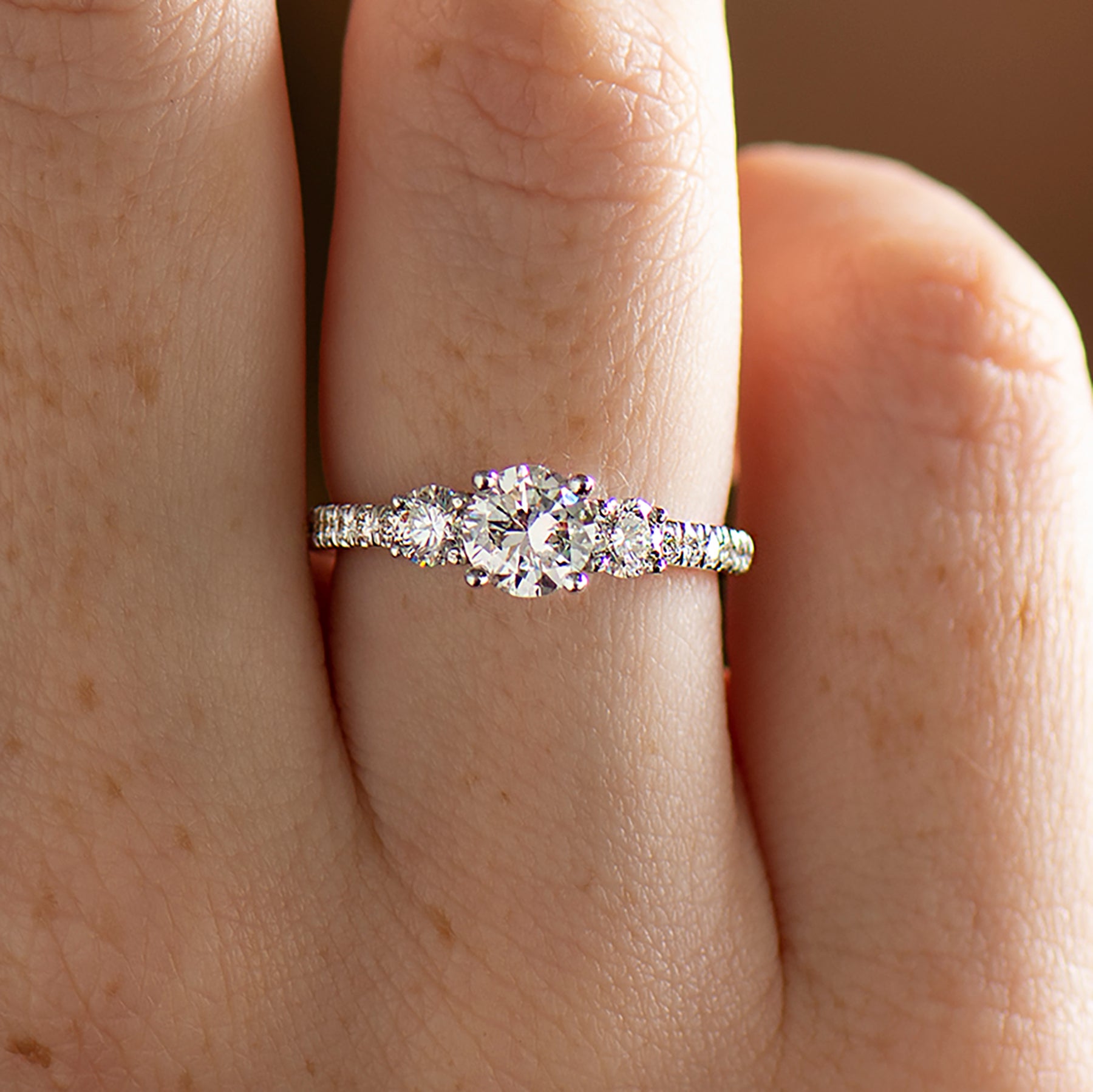 Three Stone Pave Diamonds Ring - 0.7ct Center