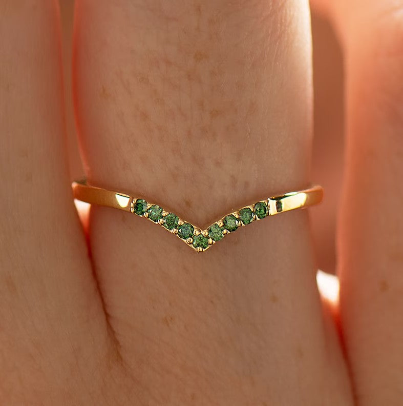 V Shaped Green Forest Diamonds Ring