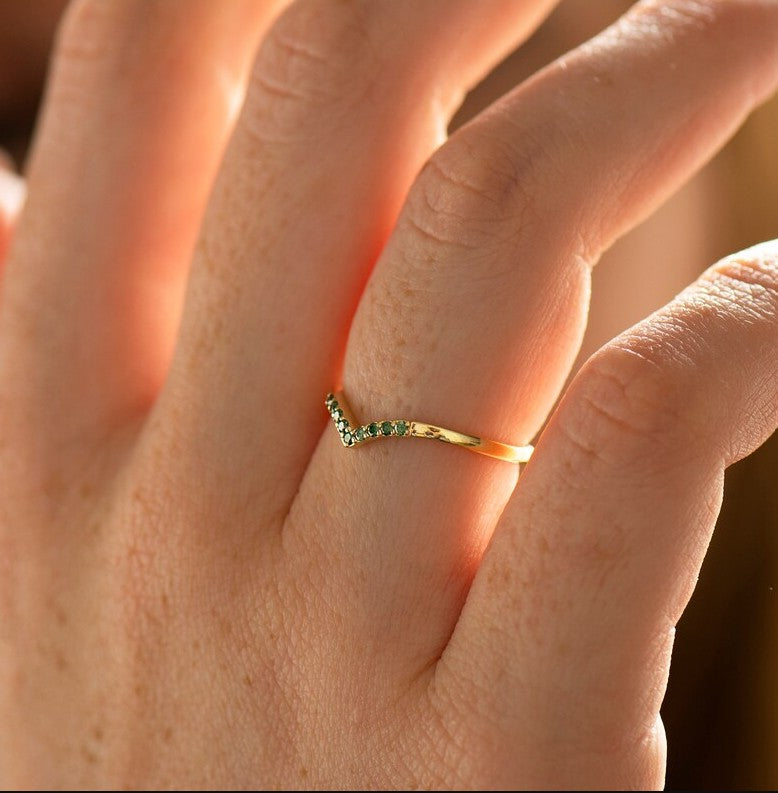 V Shaped Green Forest Diamonds Ring