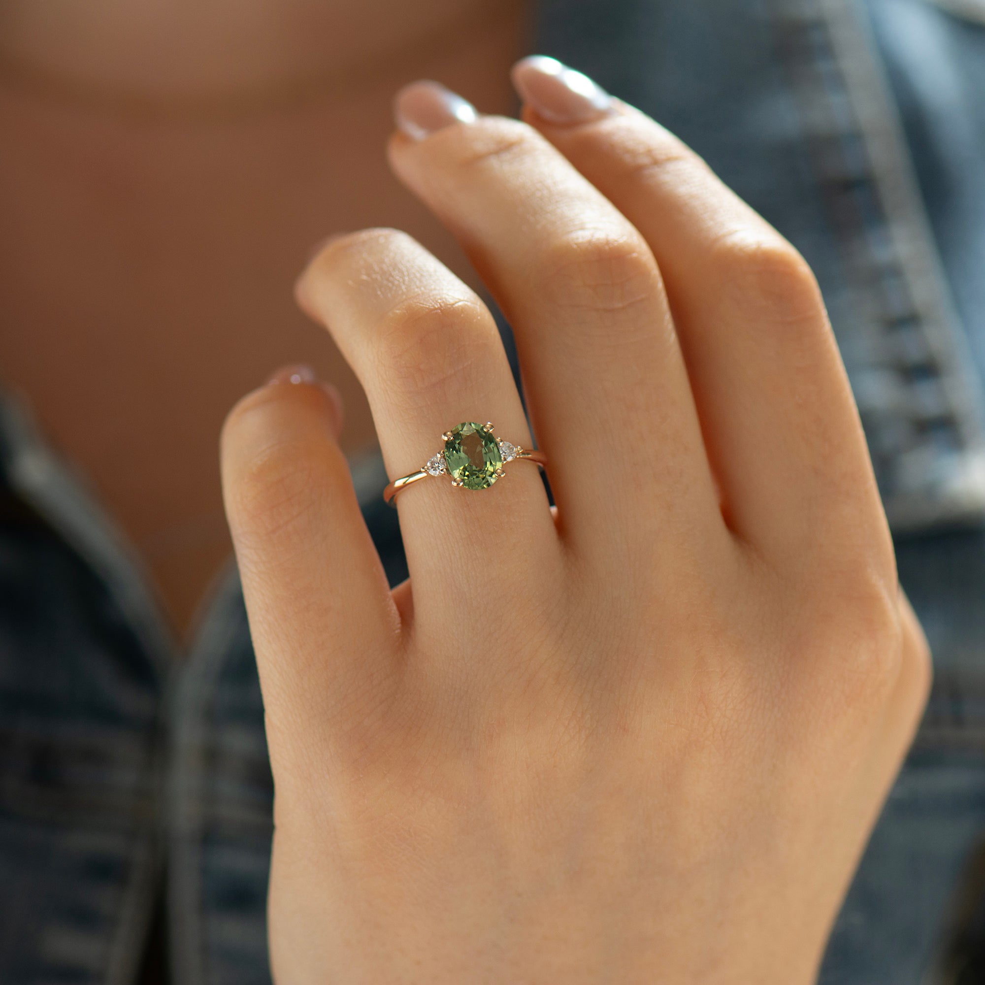 Large Green Sapphire Engagement Ring - Oval with Round Sides