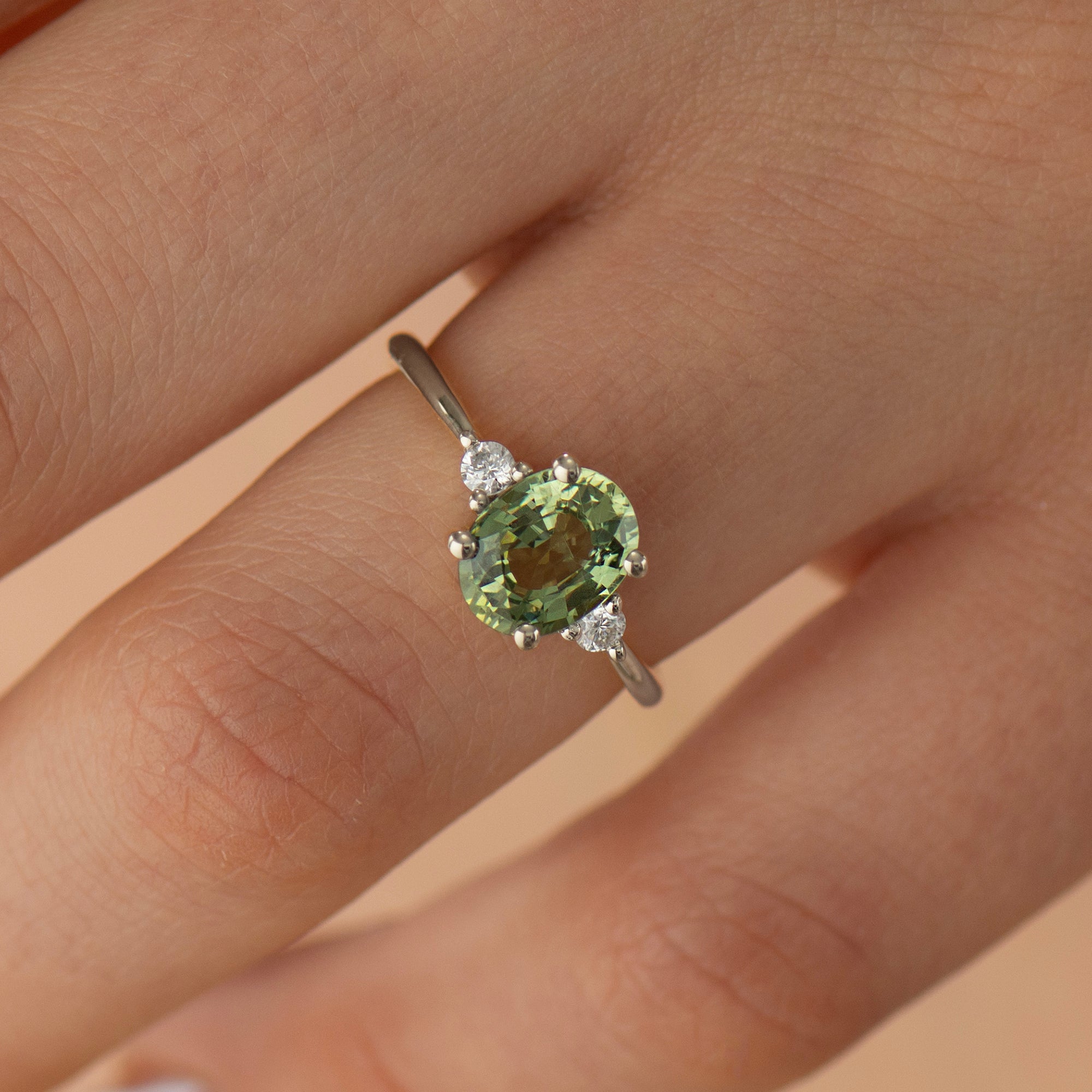Large Green Sapphire Engagement Ring - Oval with Round Sides