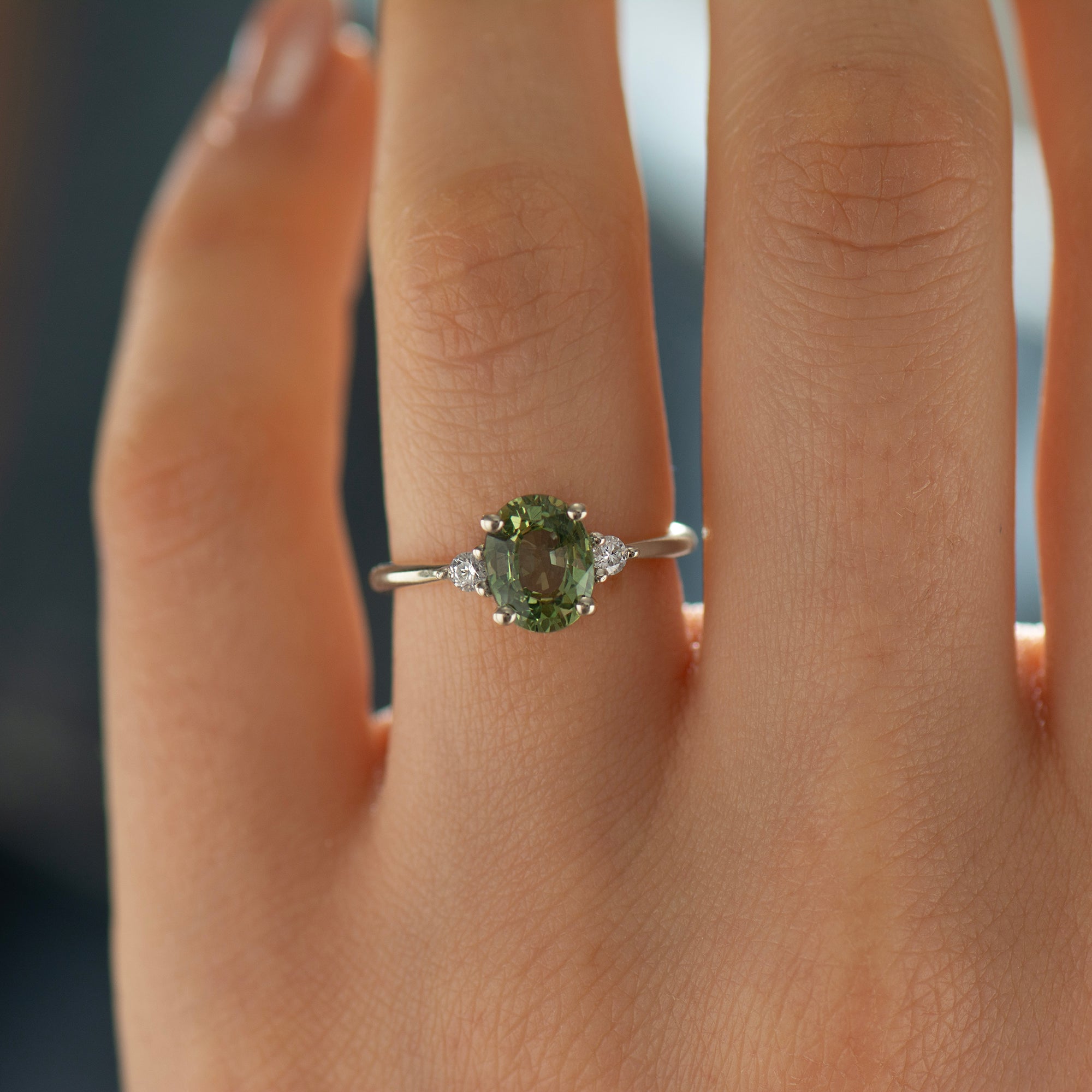 Large Green Sapphire Engagement Ring - Oval with Round Sides