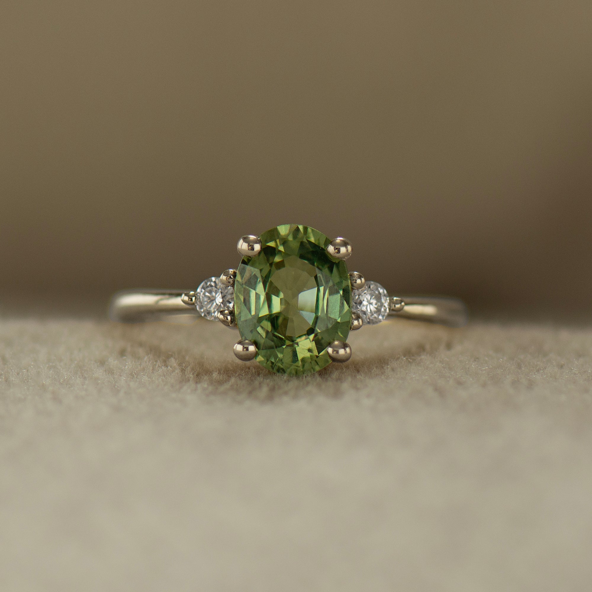 Large Green Sapphire Engagement Ring - Oval with Round Sides