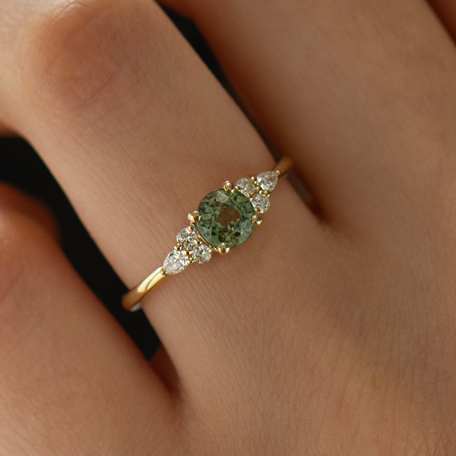 Round Cluster Green Sapphire Engagement Ring