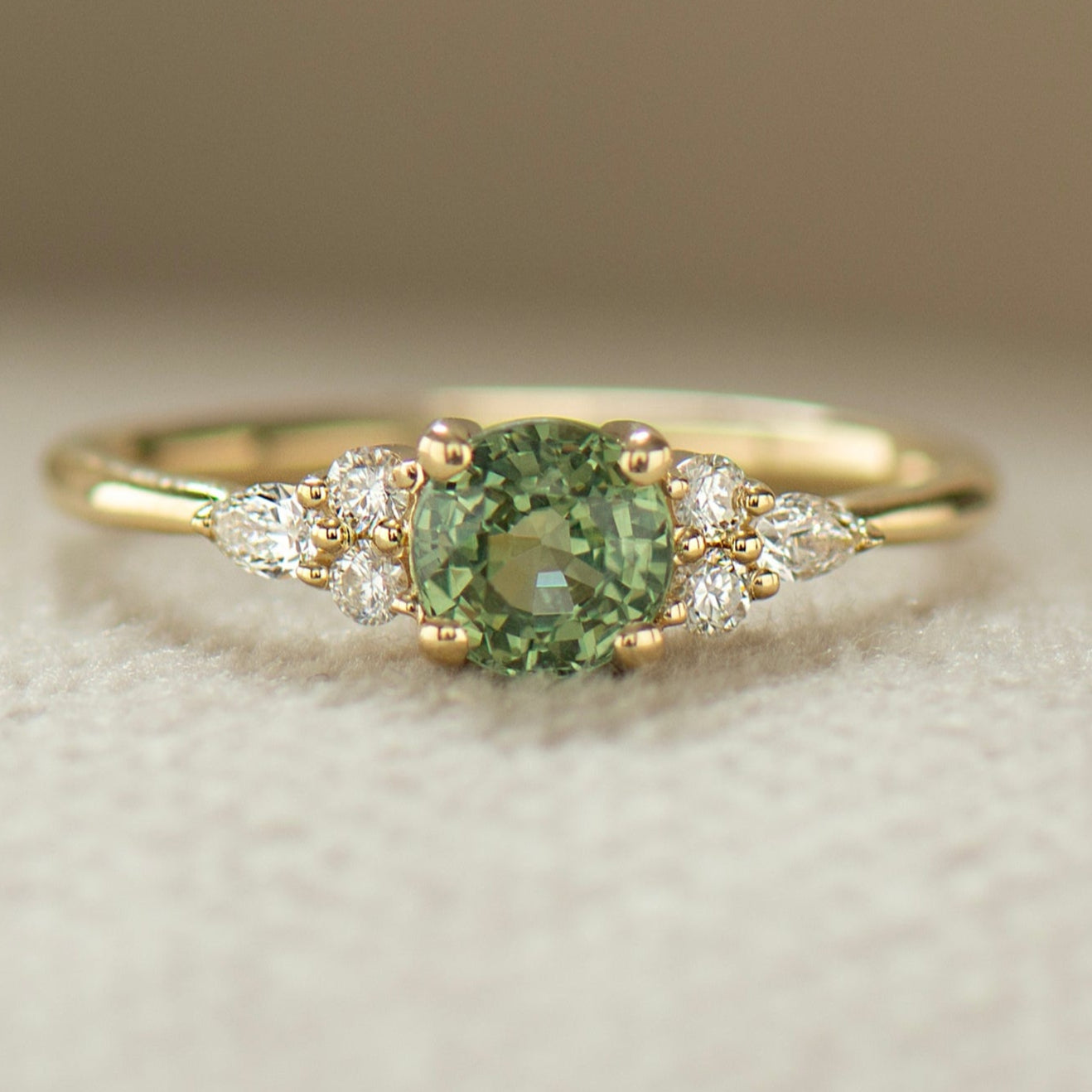 Round Cluster Green Sapphire Engagement Ring